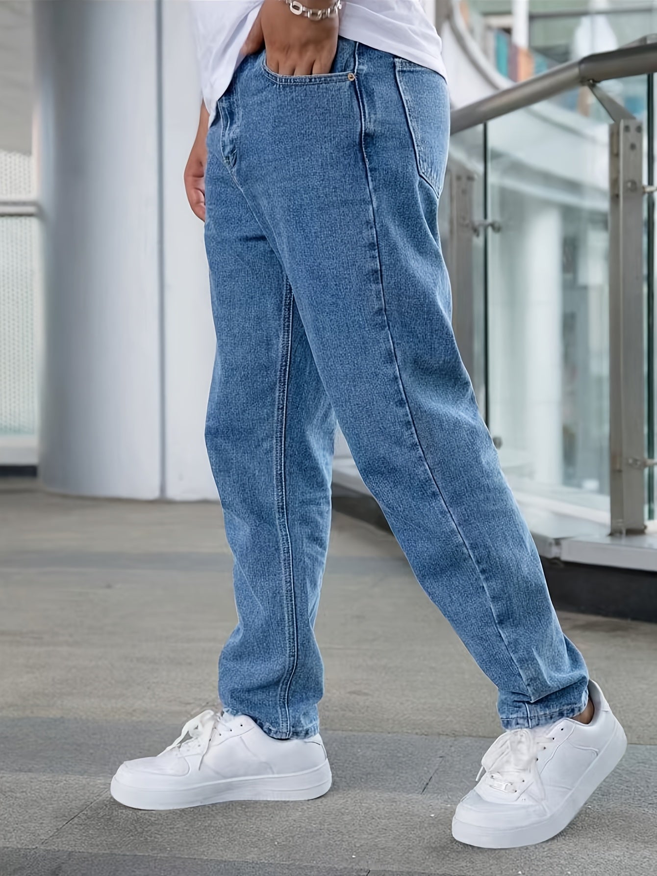 Men's Classic Straight-Leg Denim Jeans - Casual Style, Non-Stretch, Machine Washable, Solid Light Blue, Cotton/Polyester Blend, All-Season Wear, Comfortable Clothing|Timeless Style|Nonstretch Jeans