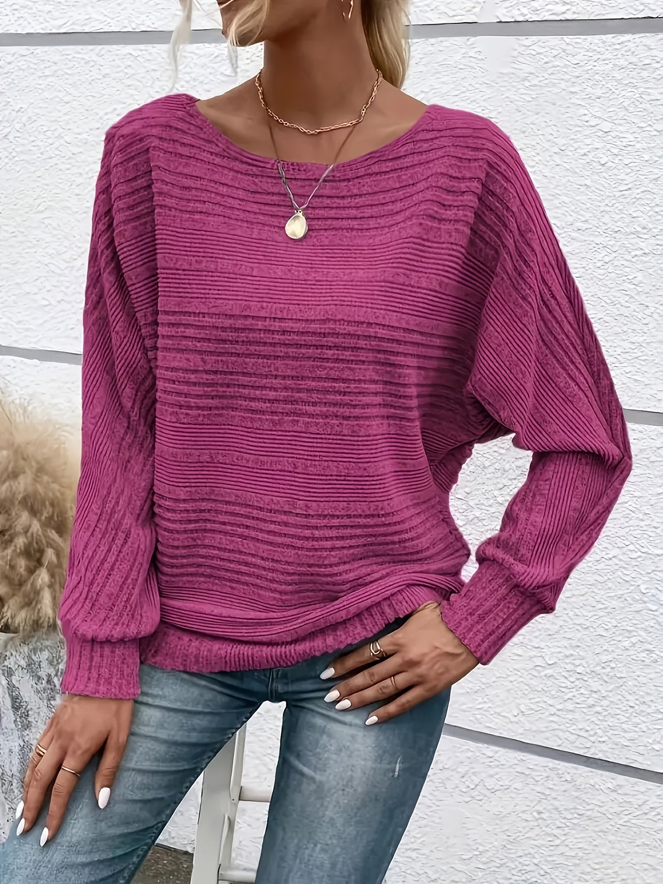 1 հատ Women'S Casual Crew Neck Knit T-shirt - պոլիեսթեր պինդ գույնի երկարաթև վերնաշապիկ գարնան/աշունի համար