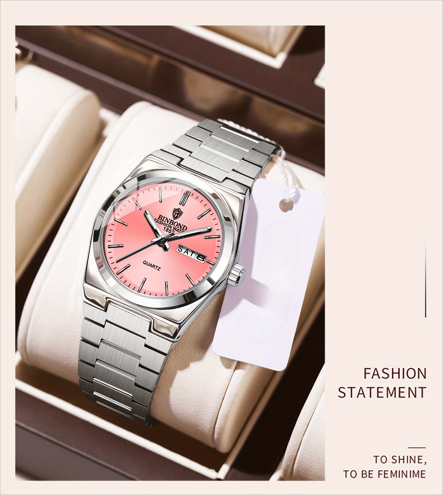 BINBOND Women'S Fashion Watch, Double Calendar, Quartz Movement, Stainless Steel Band, Round Case, Ideal for Daily Wear & Gifting, Stylish Accessory|Minimalist Design|Durable Watch