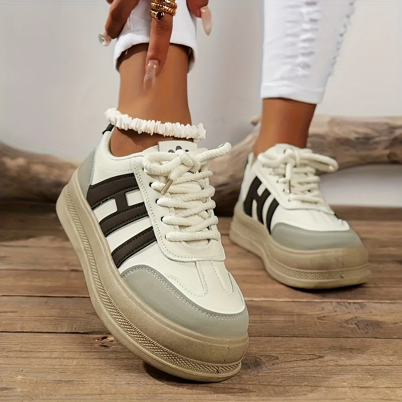 Women'S Thick Sole Casual Sneakers, Breathable Fabric Upper, All-Season Spring Sports Shoes, Stabilizing Support, Sole, Polyurethane Insole, Solid Color Design
