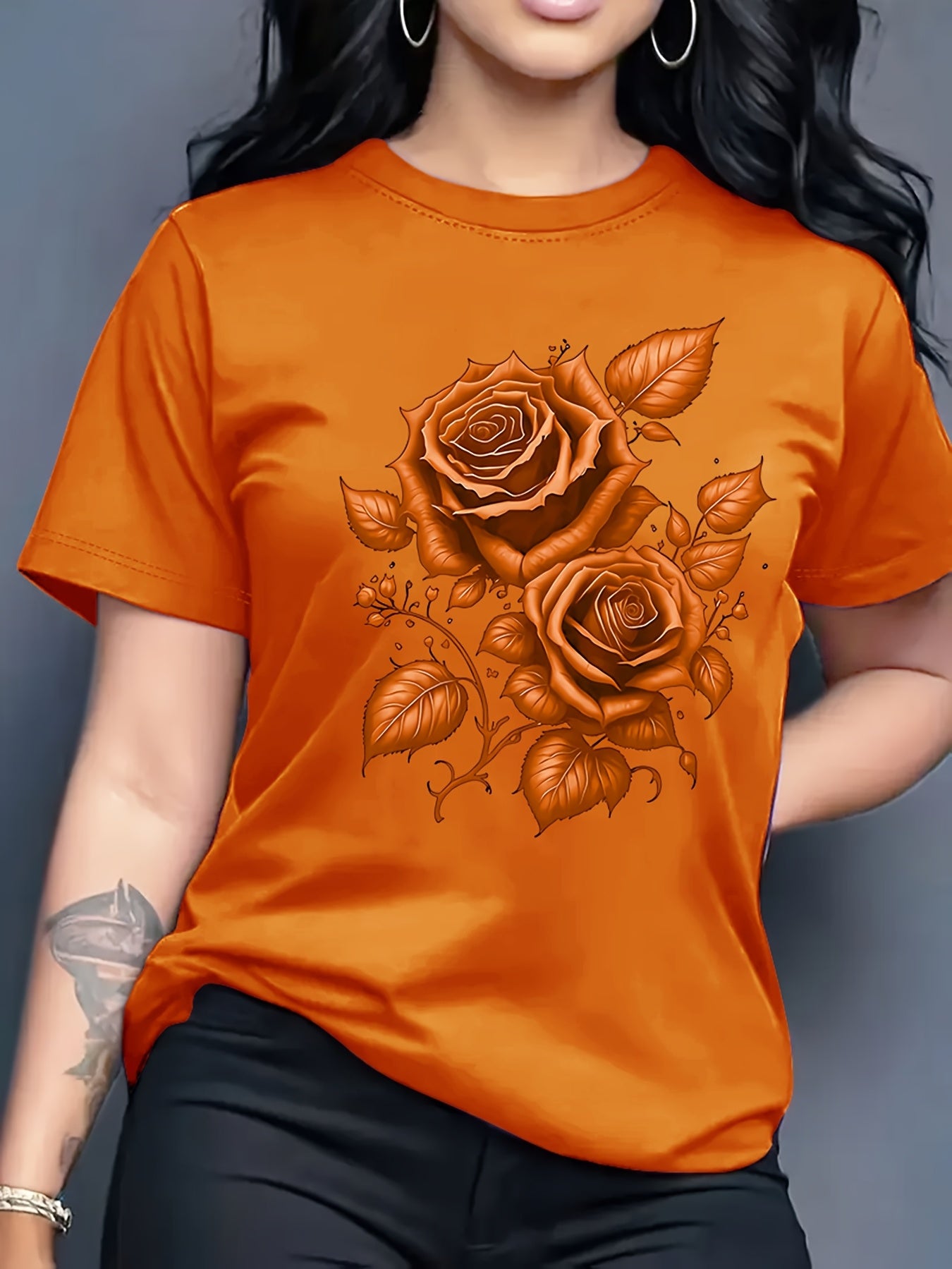 Women's Light Blue Yellow Rose Print T-Shirt - Short Sleeve Crew Neck Casual Top with Medium Stretch, Machine Washable & Breathable Fabric for All-Season Comfort, Relaxed Style, Graphic Tee, Stretchy Material, Printed Shirt,