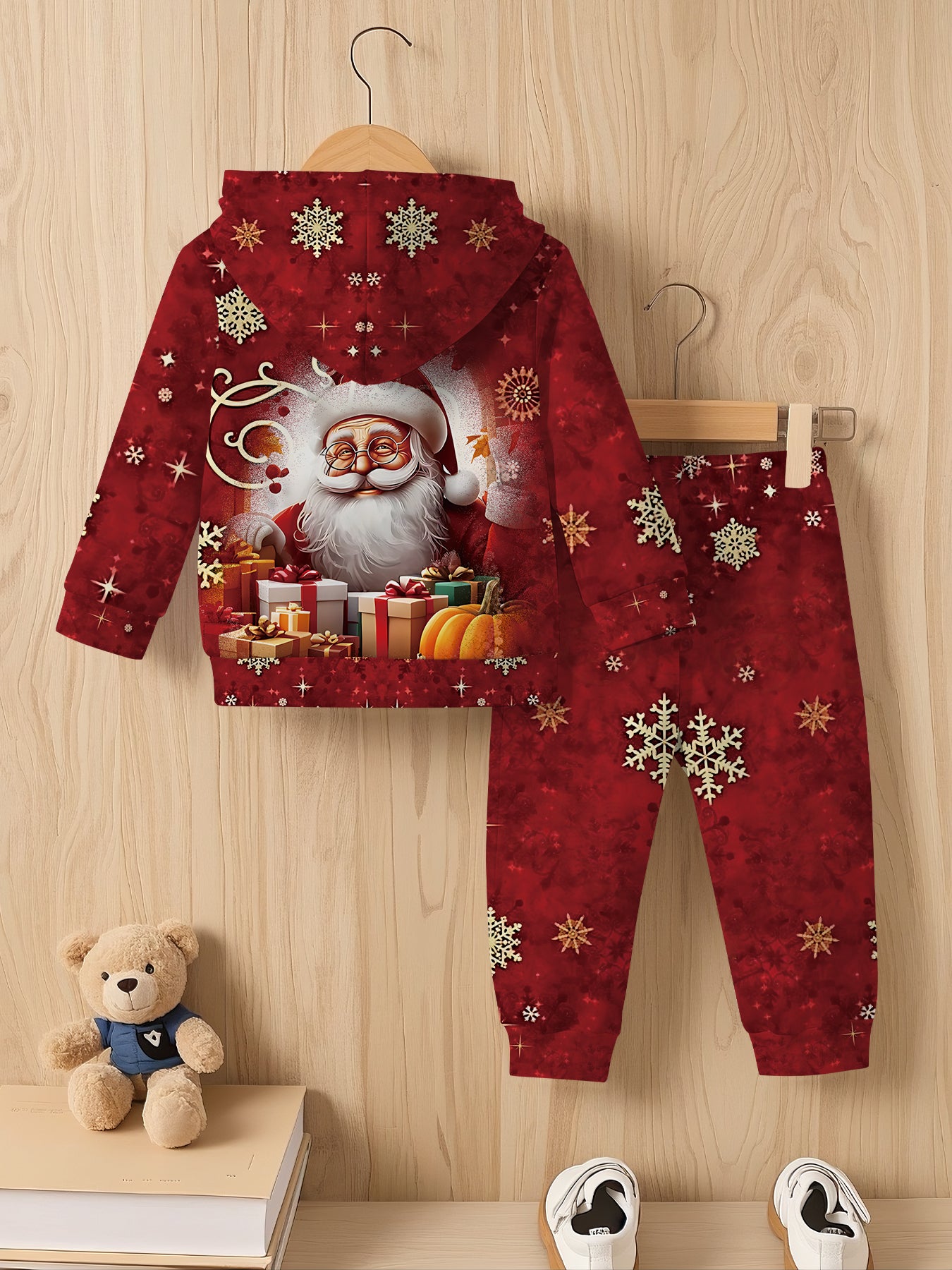 2pcs Boys' Santa Claus & Gifts Print Hooded Sweatsuit Set - Warm Winter Outfit with Matching & Sweatpants, Cozy Christmas Outwear for Boys, Machine Washable Clothing Gift (Autumn/Winter), Perfect for Outdoor