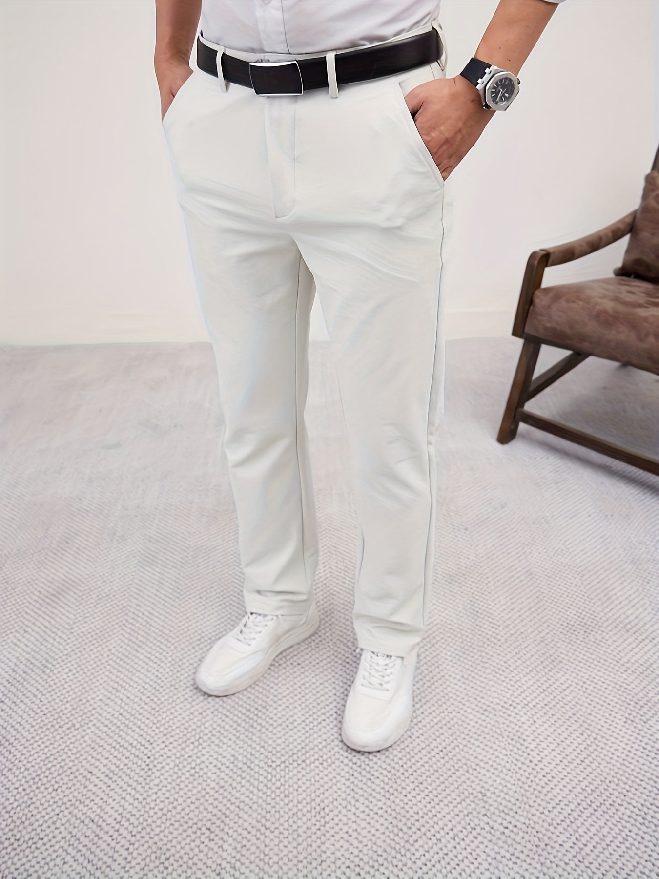 Men'S Casual Solid Color Regular Length Slight Stretch Woven Fabric Pants for Adult