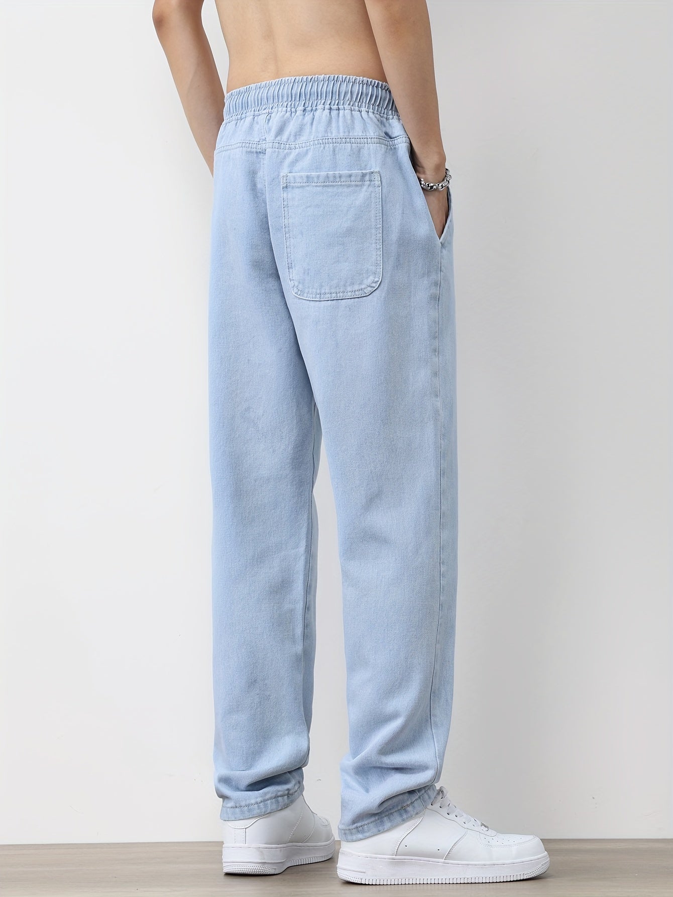 Men's Solid Washed Denim Trousers With Pockets, Causal Drawstring Cotton Blend Barrel Jeans For Outdoor Activities