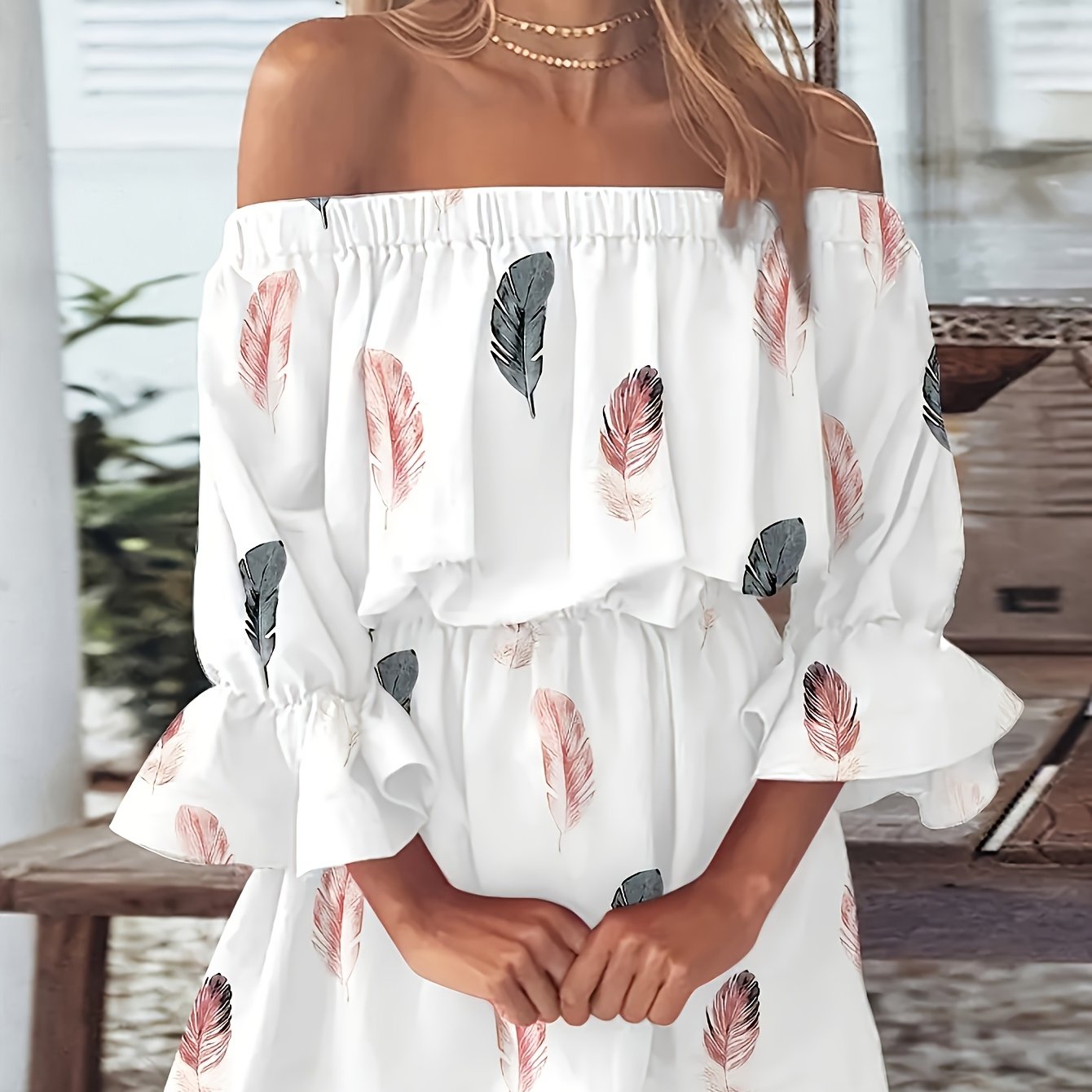 Print Dress for Women - Ruffle Trim, Half Sleeve, Stretchy Polyester Blend, Machine Washable