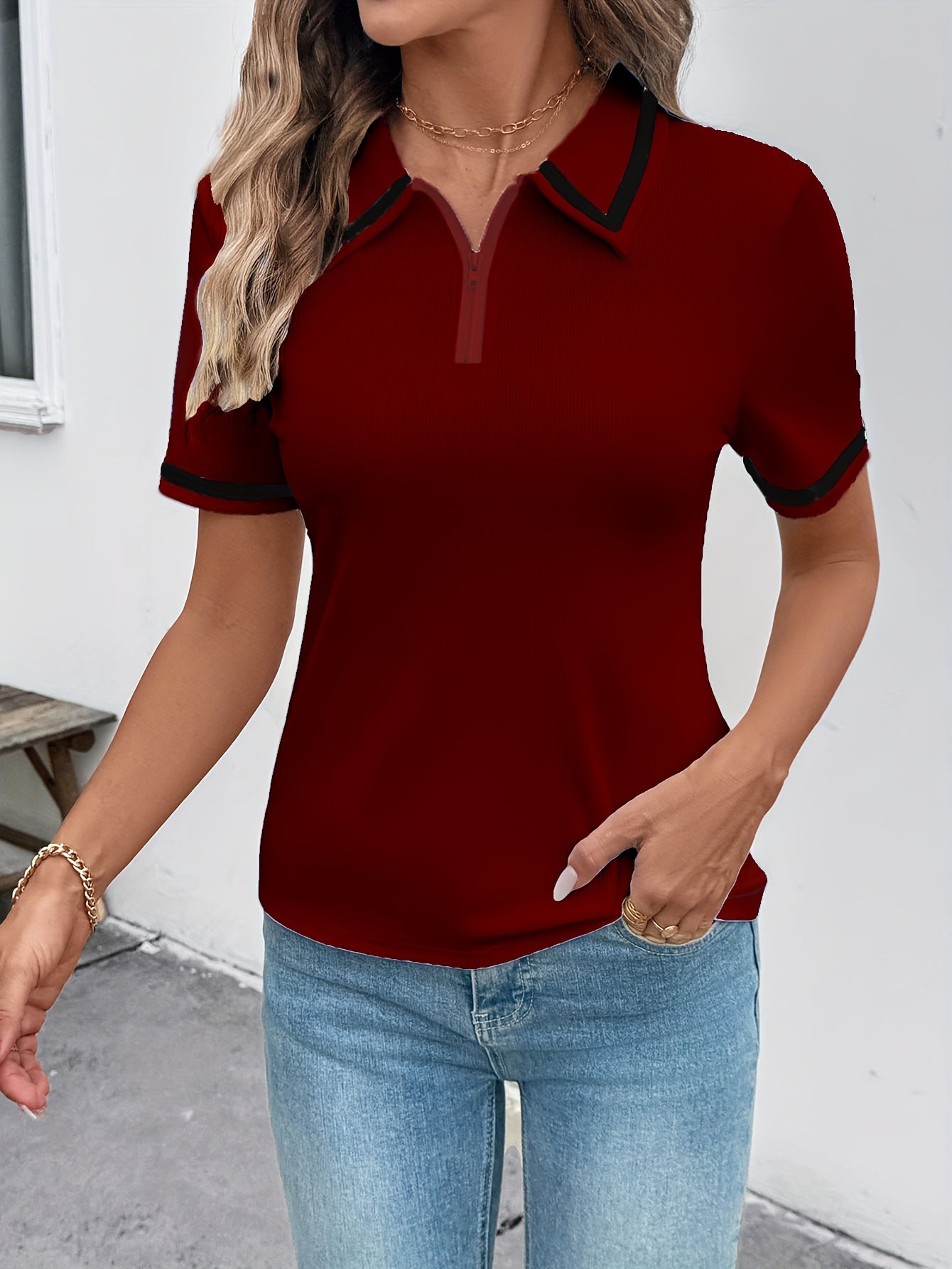 Women's Elegant Black Shirt with White Collar & Cuff Detail - Short Sleeve, Zippered, Stretchy Polyester-Spandex Blend, Machine Washable, Perfect for Casual or Professional Outfits
