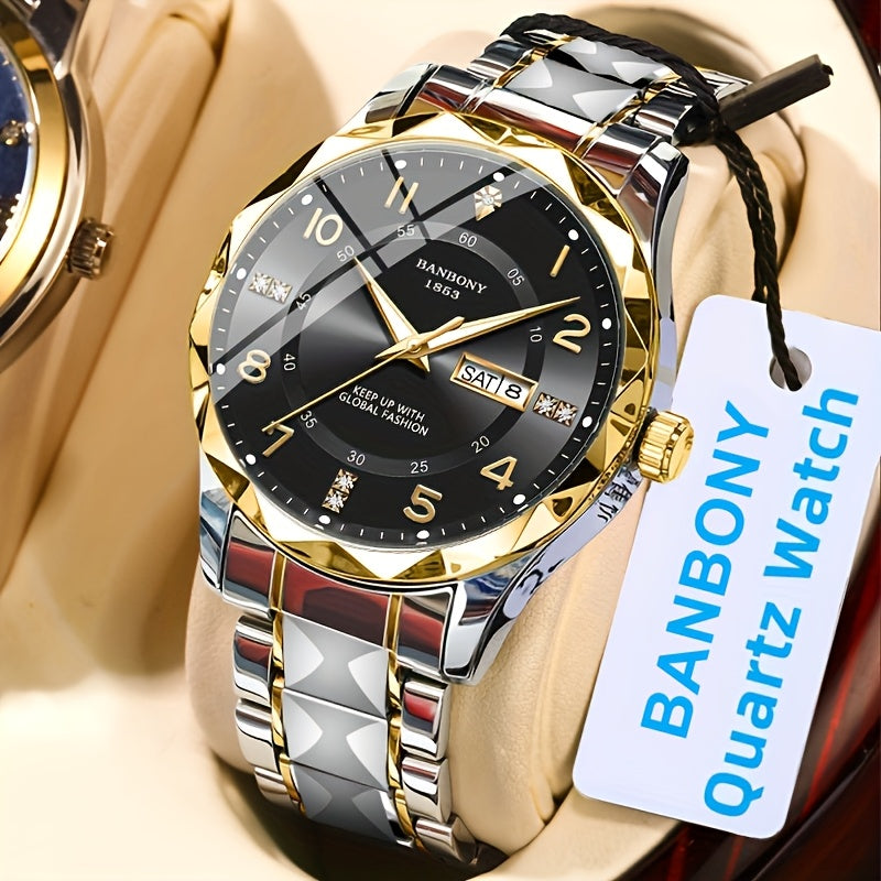 1 New BANBONY Brand Unisex Stainless Steel Quartz Watch with HD Scratch-Resistant Rhinestone-Embellished Simple Digital Round Dial, Luminous Display Date Calendar Battery-Powered Multifunctional Fully Automatic Wristwatch for