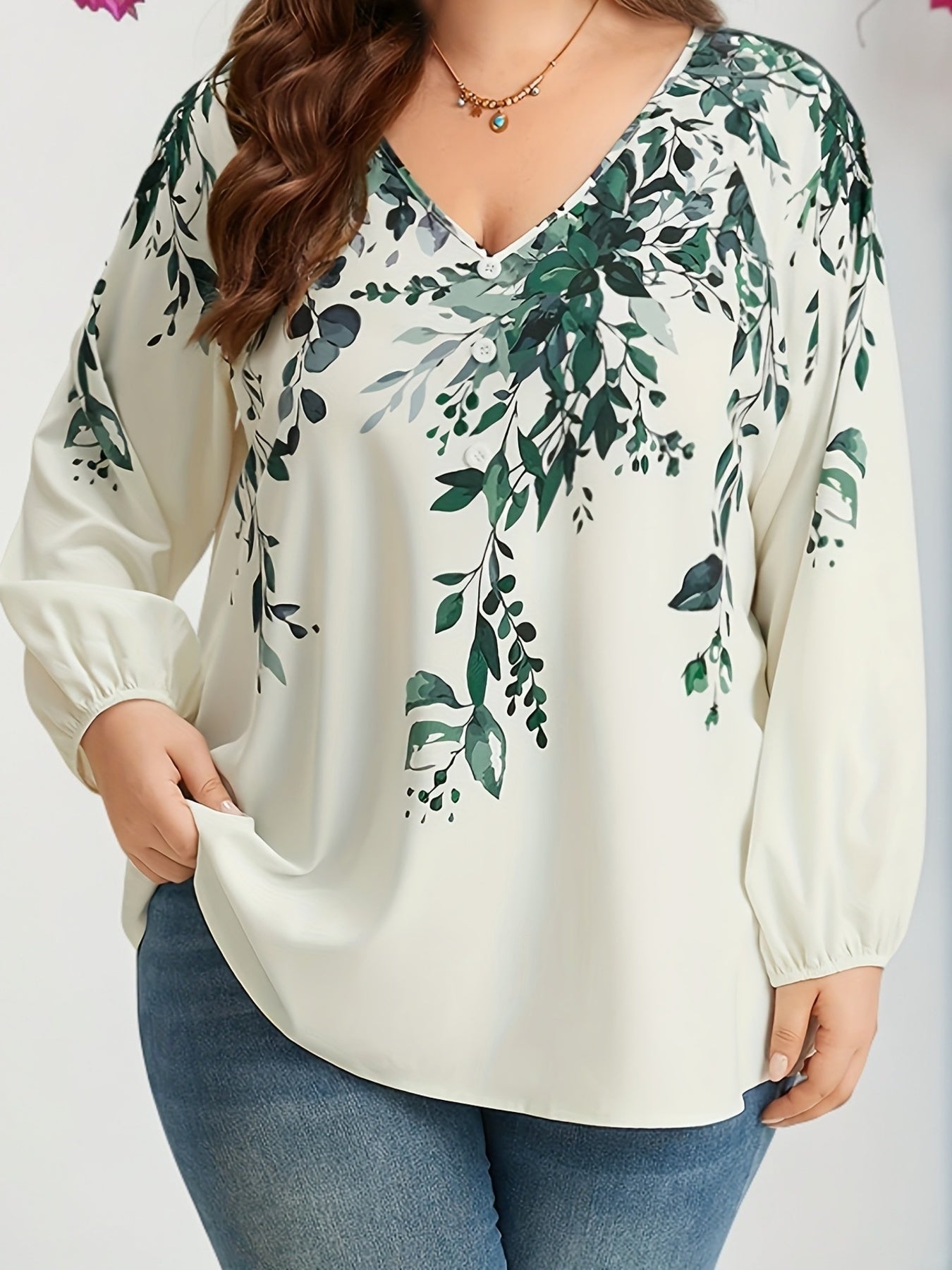 Plus Size Floral Print Blouse, Casual V Neck Long Sleeve Blouse For Spring, Women's Plus Size Clothing
