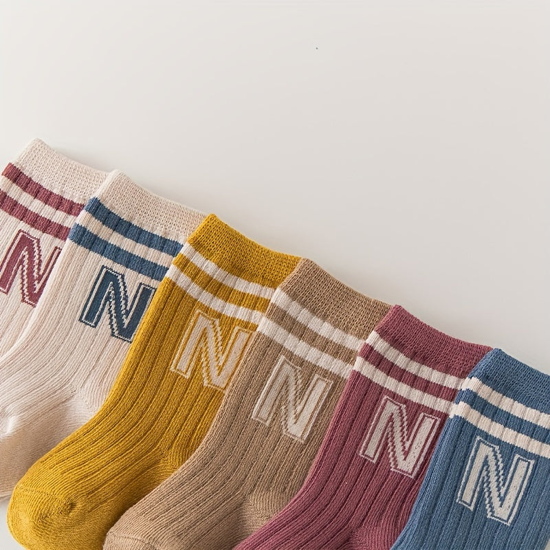 4 Pairs of N-Letter Knitted Pattern Socks, Thin Socks for Spring and Summer, Cotton Blend Comfortable Breathable Soft Mid-Calf Socks, Breathable Mid-Calf Socks