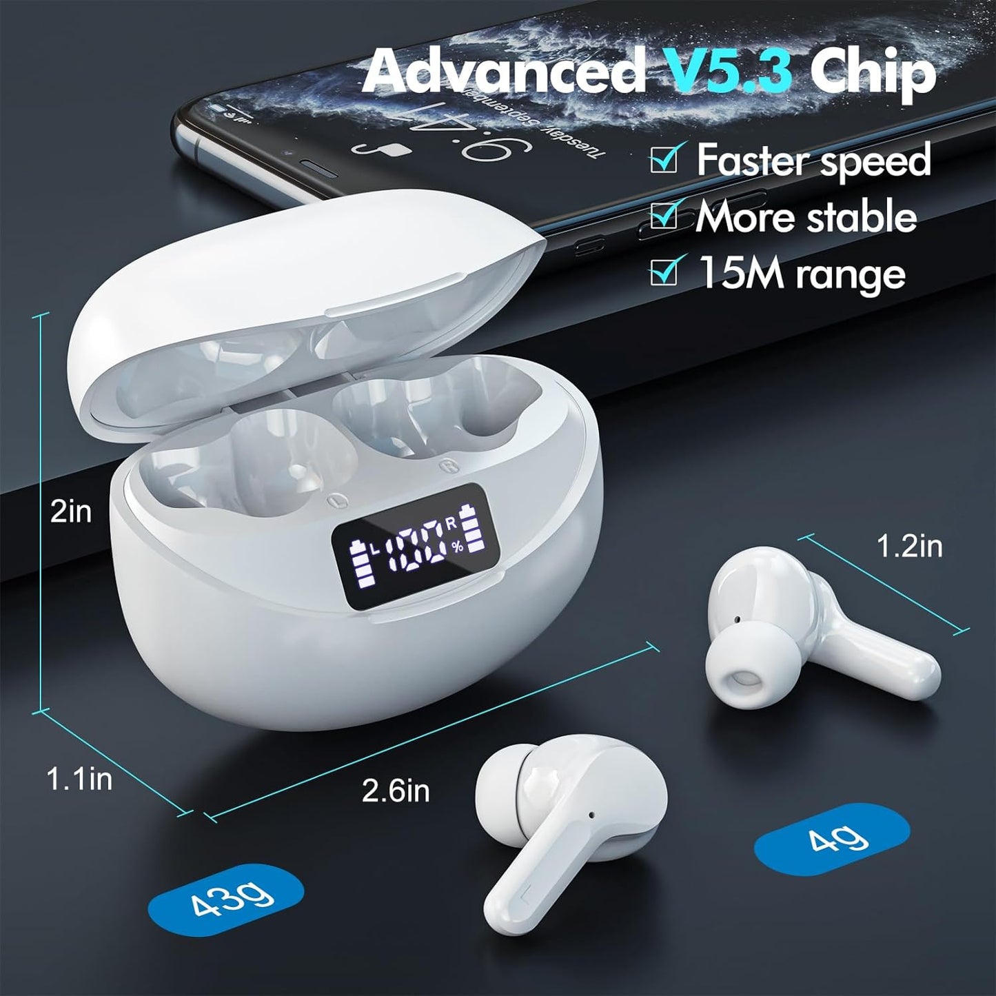 Wireless Earbuds Bluetooth Headphones 50H Playback Ear Buds with IPX7 Waterproof, HD Microphone, LED Display for Iphone and Andriod White