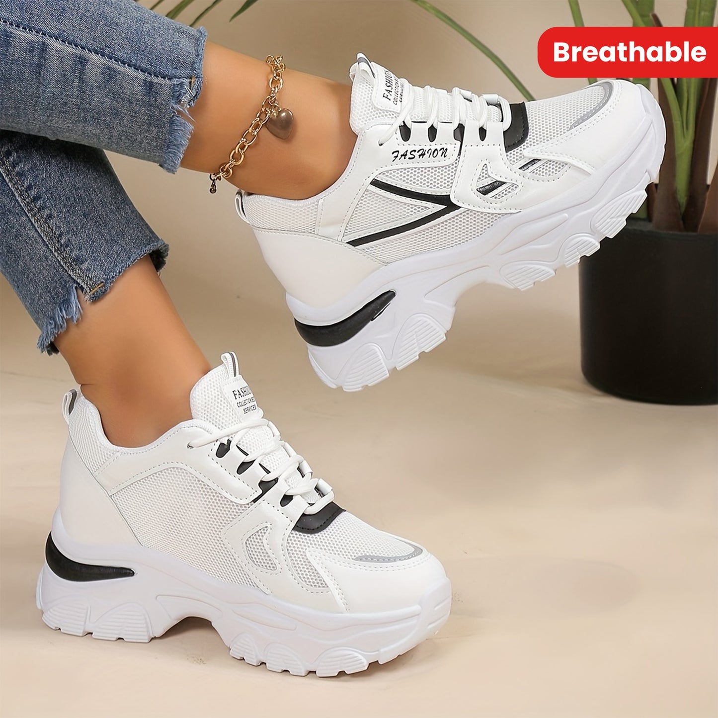 Women's Heighten Mesh Breathable Chunky Sneakers, Color-block Thick Bottom Casual Outdoor Running Shoes