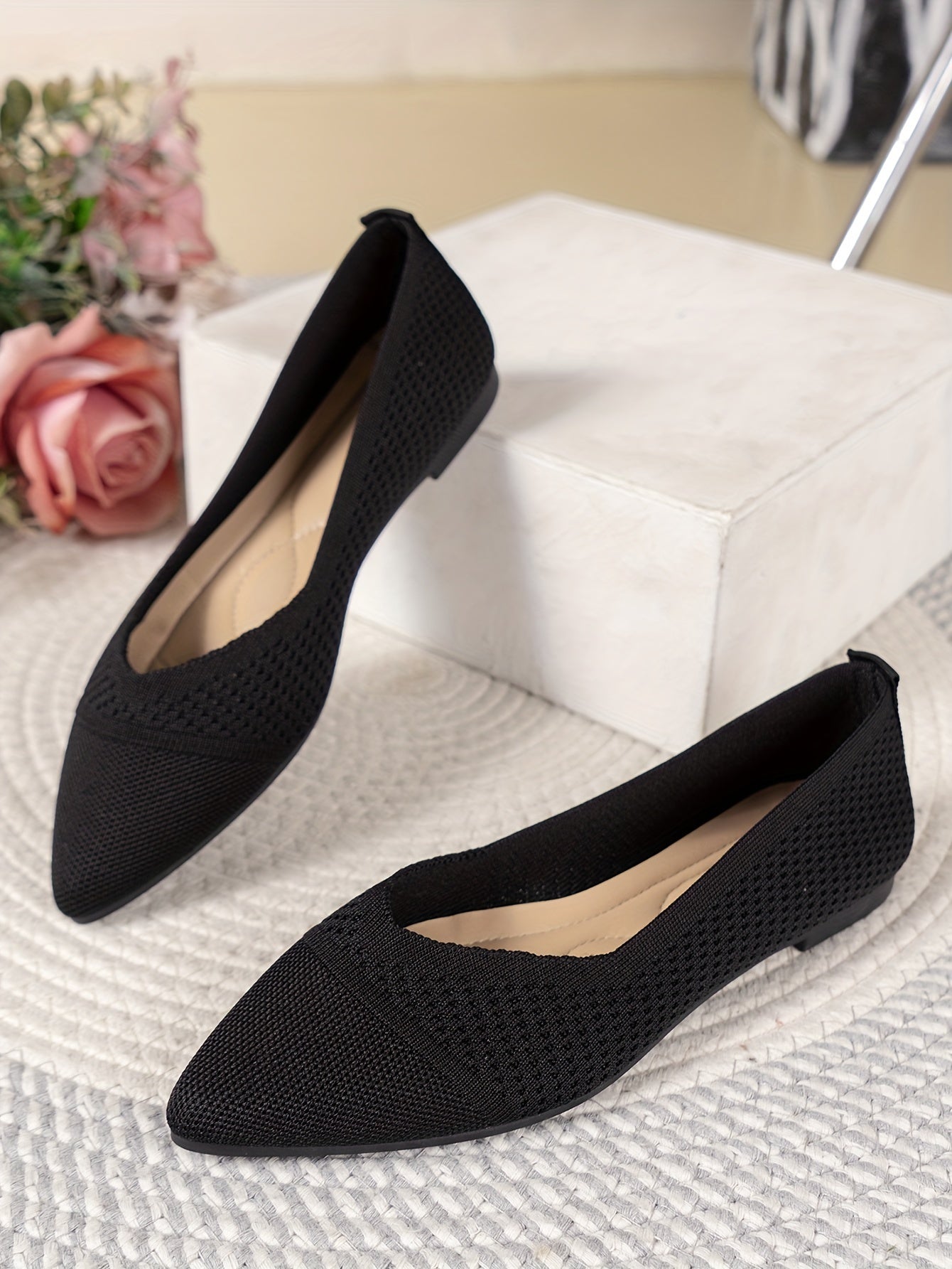 Women's Fashion Flat Shoes, Casual Pointed Toe Knit Flats, Breathable & Comfort Slip-On Ballet Shoes For Daily Wear