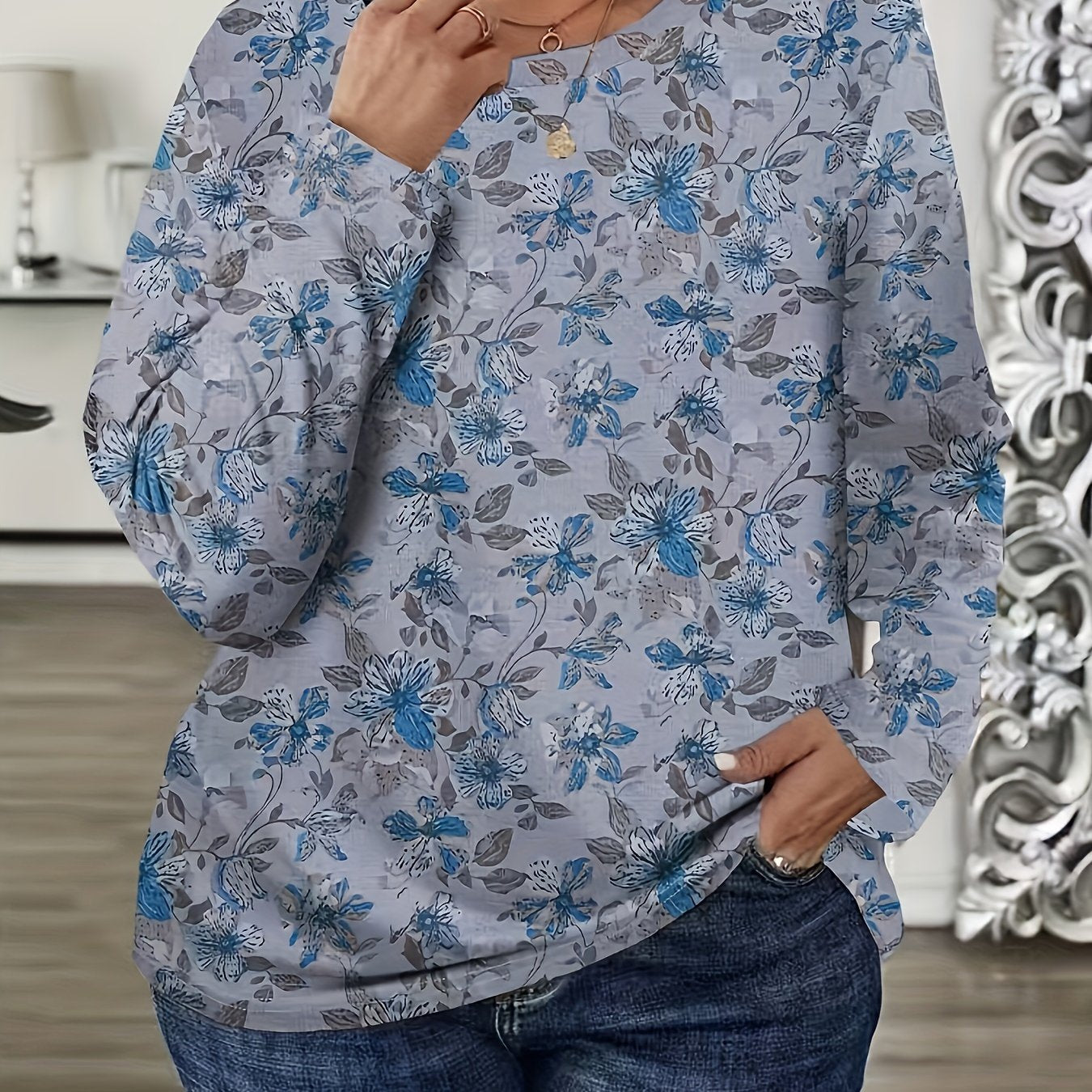 1pc Elegant Plus Size Floral Print Long Sleeve T-Shirt, Casual Crew Neck Polyester Top with Slight Stretch, All-Season Knit Fabric Blouse
