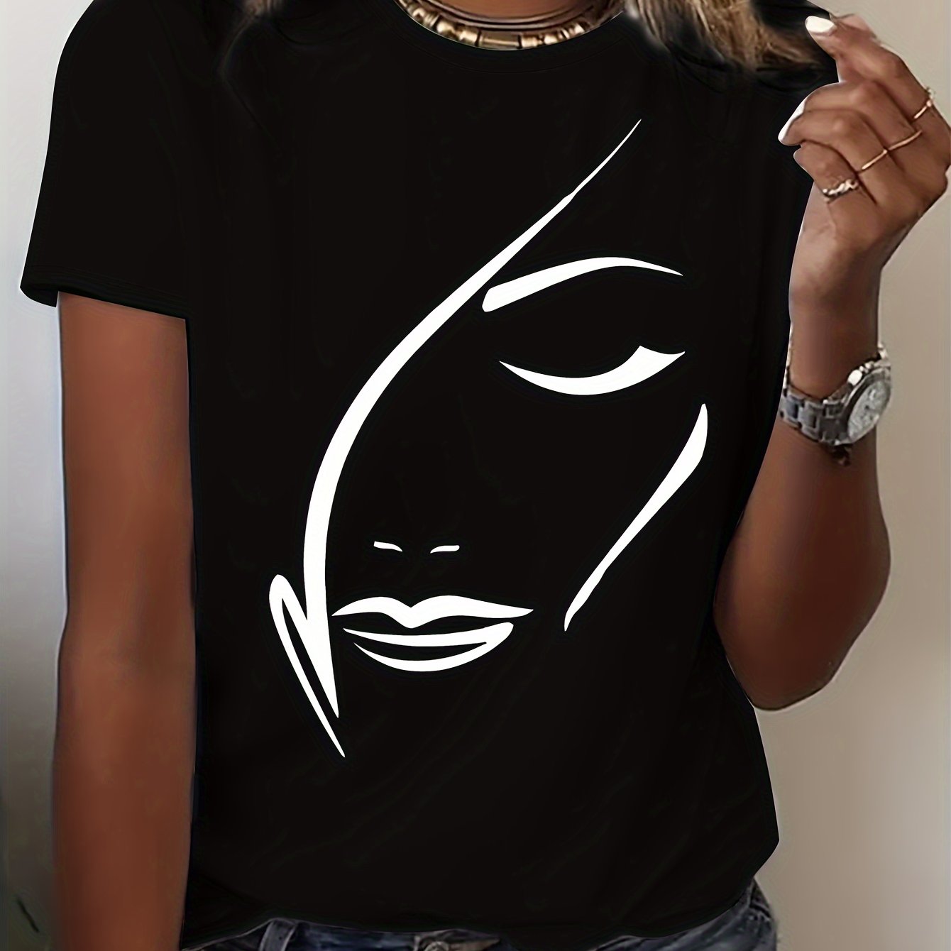 Գրաֆիկական պրինտ շապիկ, ամենօրյա կարճաթև վզով վերնաշապիկ գարնան և ամառի համար, կանացի հագուստ