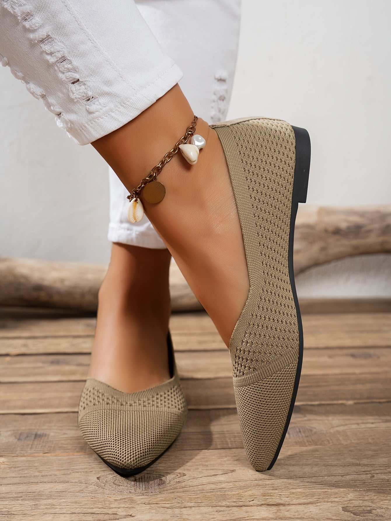 Women's Fashion Flat Shoes, Casual Pointed Toe Knit Flats, Breathable & Comfort Slip-On Ballet Shoes For Daily Wear