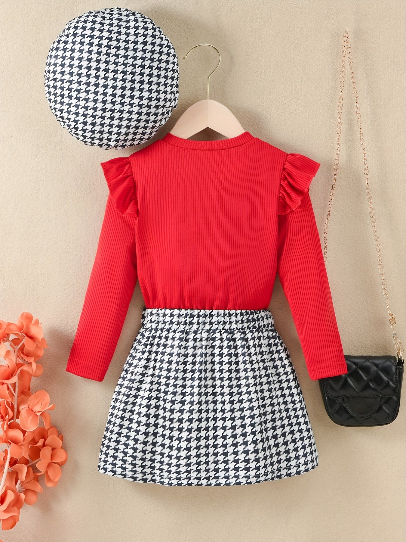 Youngsters Girls Ruffle Tee & Houndstooth պրինտ կիսաշրջազգեստ և գլխարկ