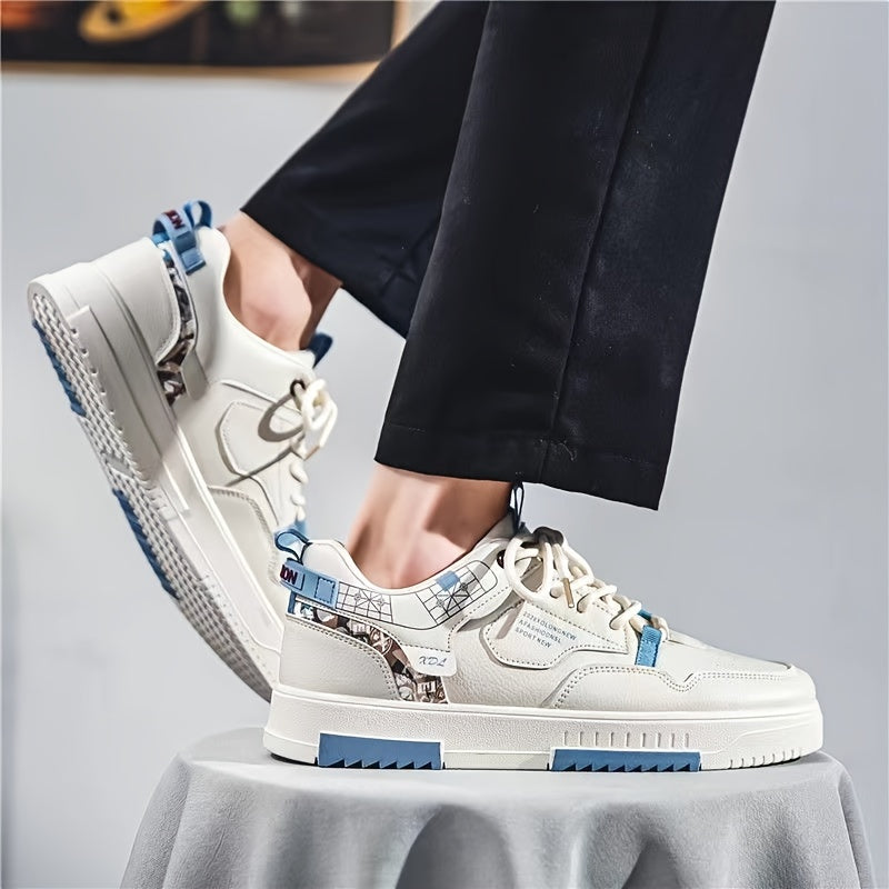 Men's Skate Shoes with Good Grip Breathable Design - PU Upper, Cushioned PVC Sole, Black/Blue Letter Pattern Lace-Up Sneakers for All-Season Casual Sports Wear, Allseason Shoes Modern Casual Shoes Comfortable Wear