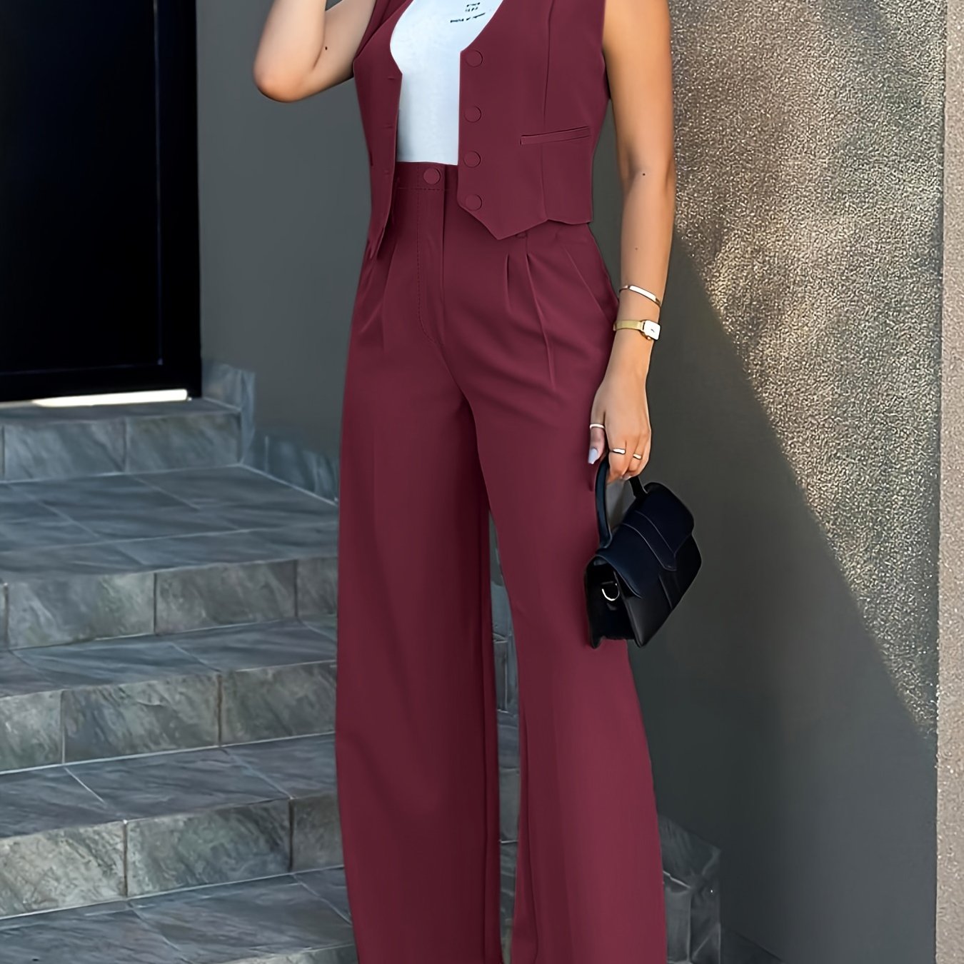 Solid Color Stylish Pantsuits, Button Front Fake Pocket Sleeveless Vest & High Waist Pleated Pants Outfits, Women'S Clothing