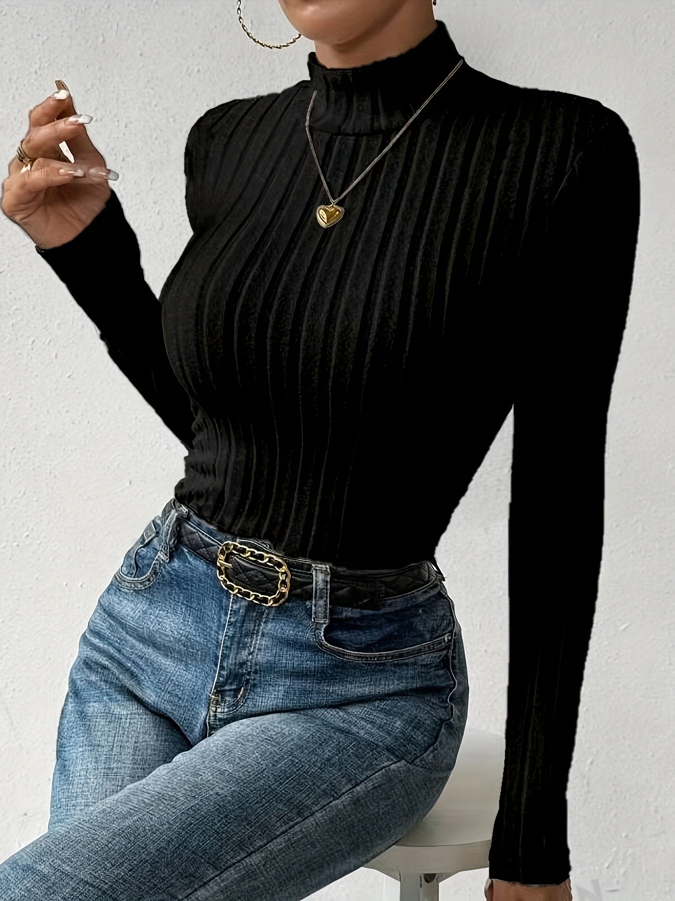 Fashion Ribbed Plain High Collar Long Sleeve Top Knitted Pullover