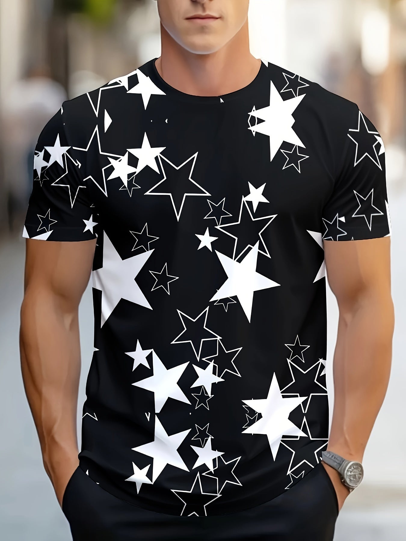 Men's Allover Color Blocking Stars Pattern Short Sleeve Crew Neck T-shirt For Summer, Casual Stylish Tee As Gift