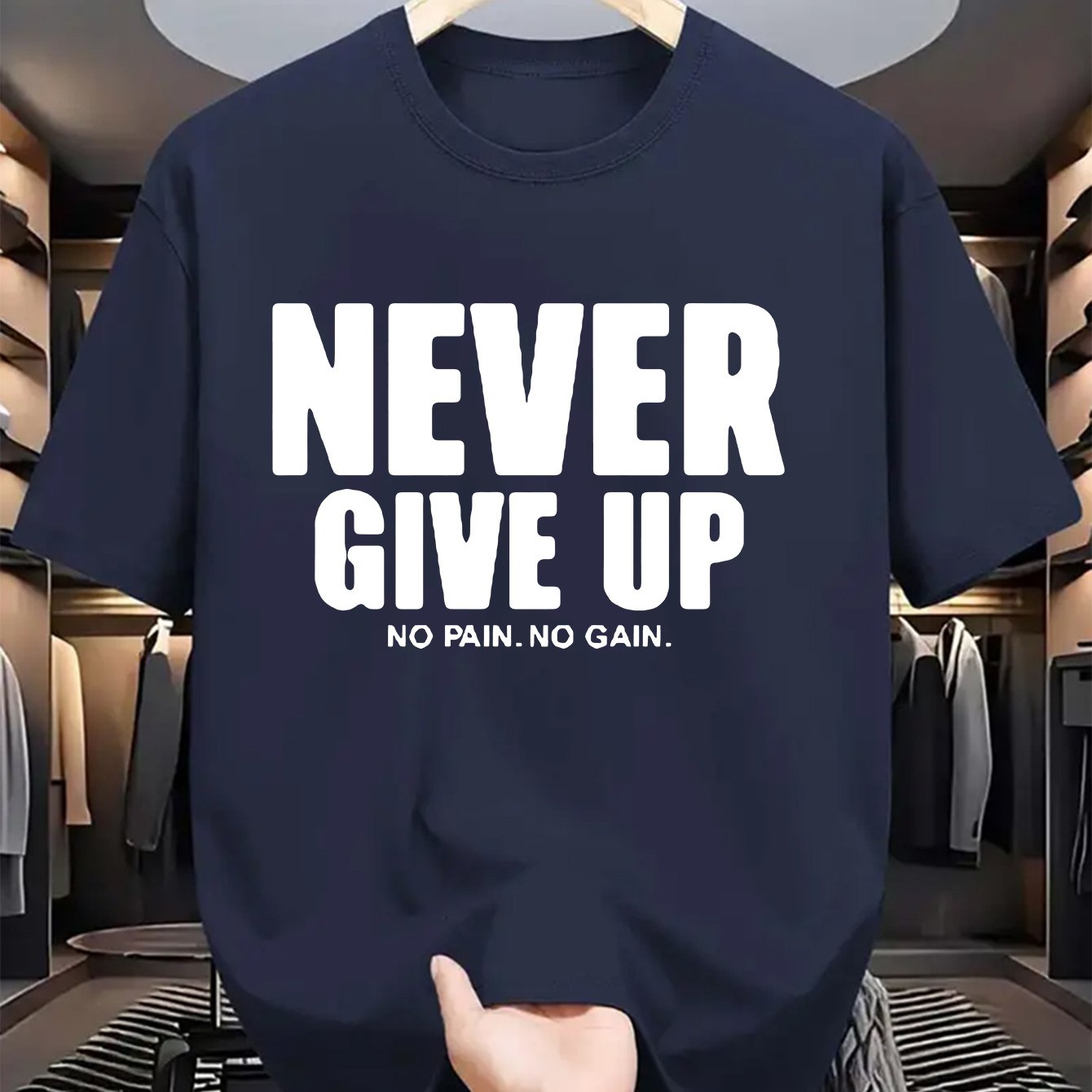 Men'S Casual Crew Neck T-Shirt with "Never Give Up" Print, Polyester Knit Fabric, Slight Stretch, Regular Fit, Summer Short Sleeve Tee for Daily Wear