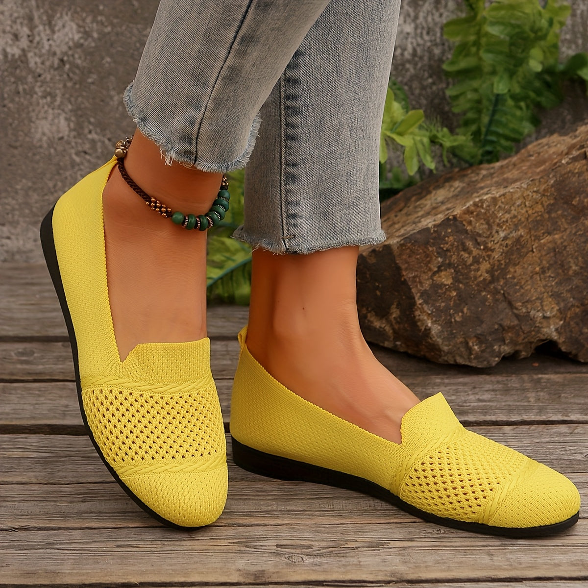Women's Solid Color Knitted Flats, Lightweight Flat Soft Sole Walking Shoes, Round Toe Daily Footwear