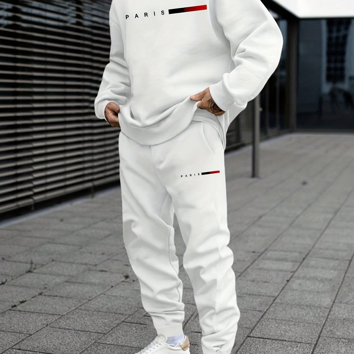 Men's Casual Sports Sweatshirt Set, Loose Fit Pullover Hoodie with Print, Polyester Blend, Round Neck, Stretch Knit, Autumn/Winter Collection