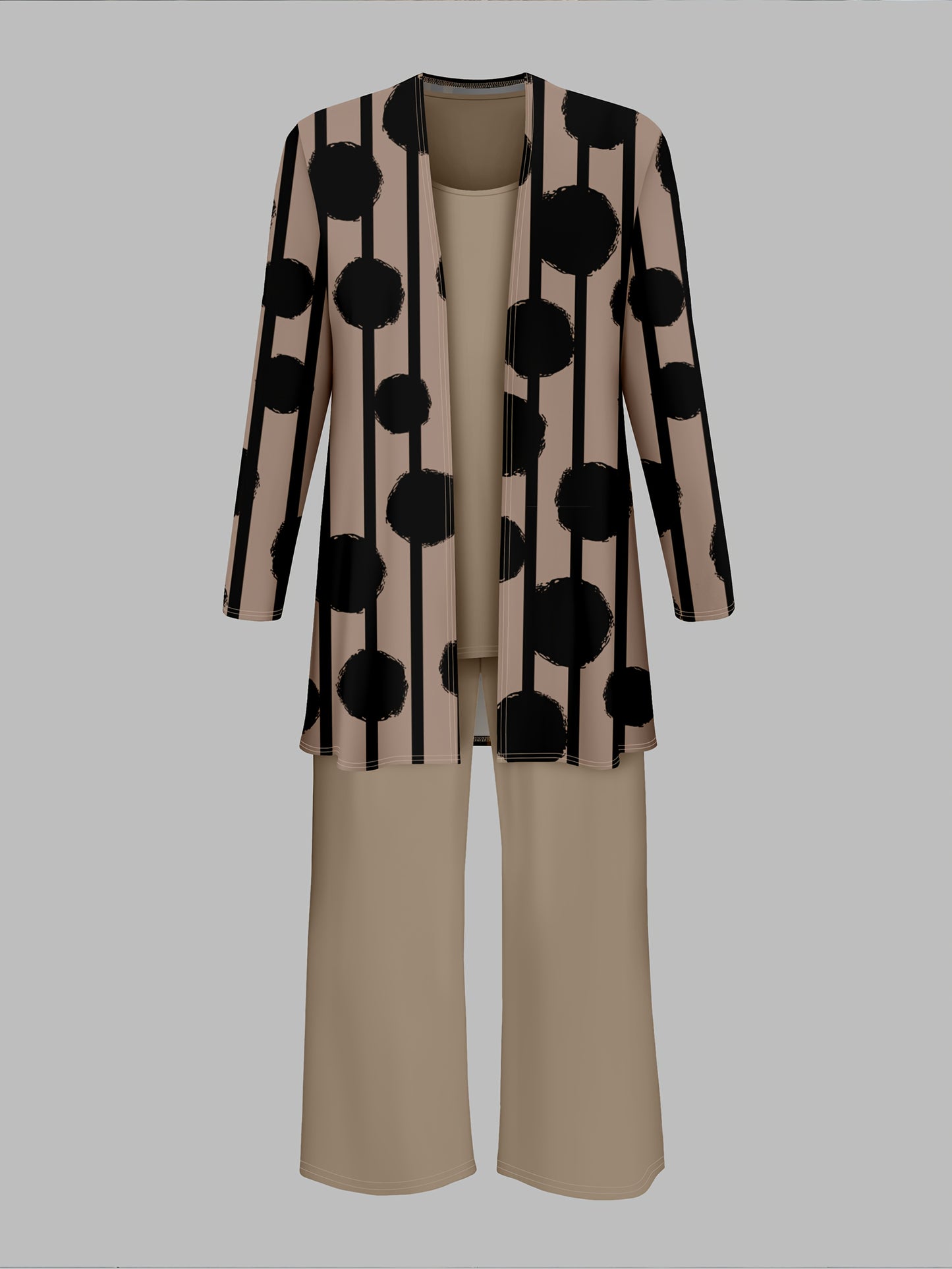 Women'S 3pcs Set, Polka Dot Print Cardigan & Solid Color Vest Casual Pants Daily Outfit