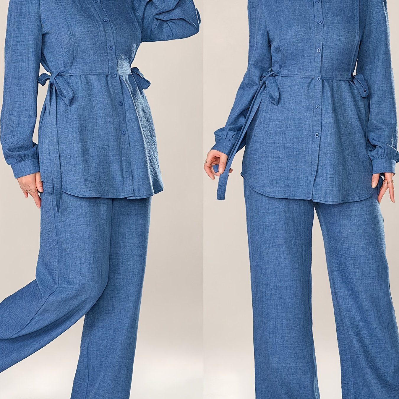 Stylish and Elegant Casual Two-Piece Women's Outfit with Side Tie Single-Breasted Shirt and Wide-Leg Pants for Office Wear
