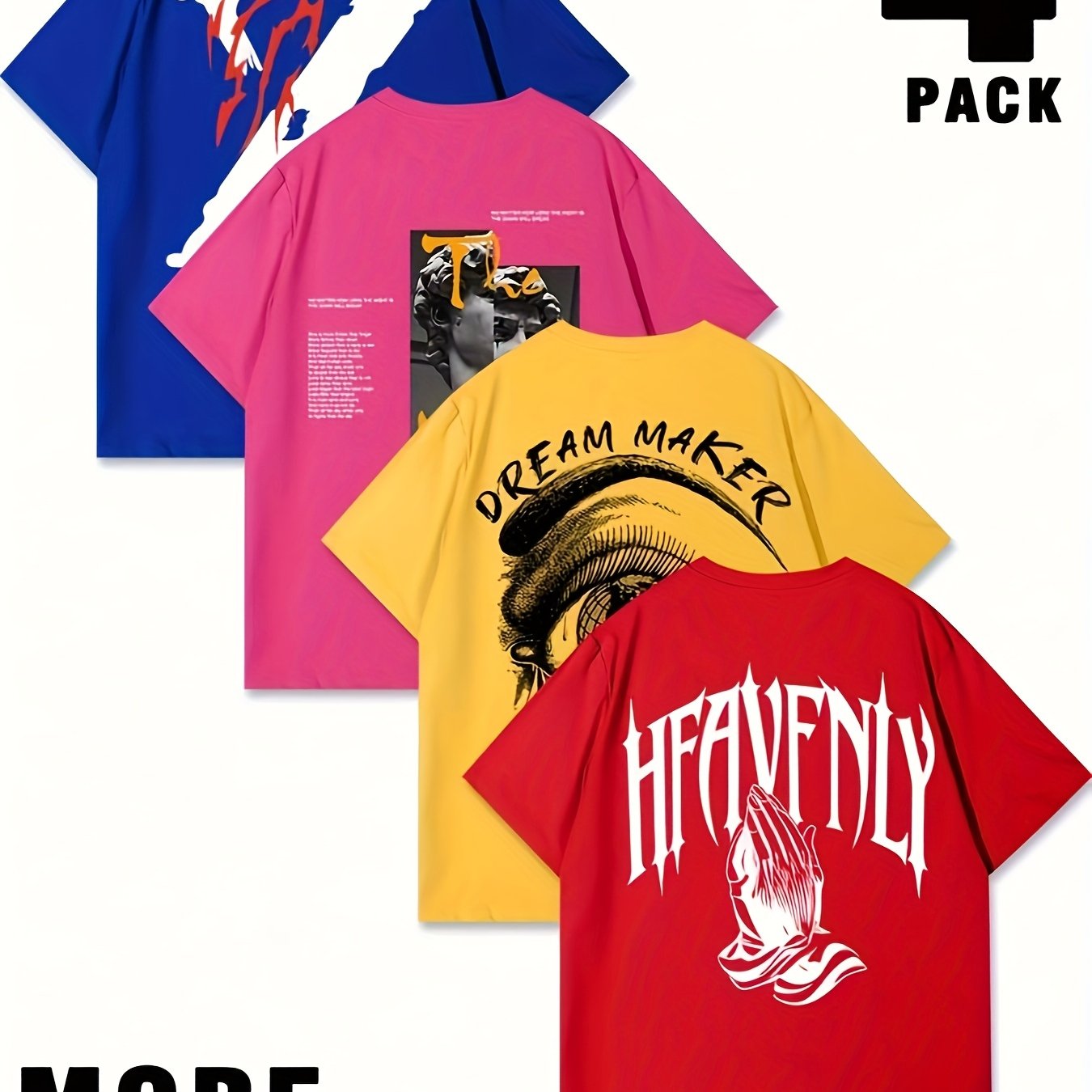 Set of 4 Men'S Graphic T-Shirts - Featuring Designs Like 'Heavenly', Casual Round Neck Short Sleeves Made of Lightweight Polyester, Perfect for Summer Outdoor Wear, a Great Gift for Family.