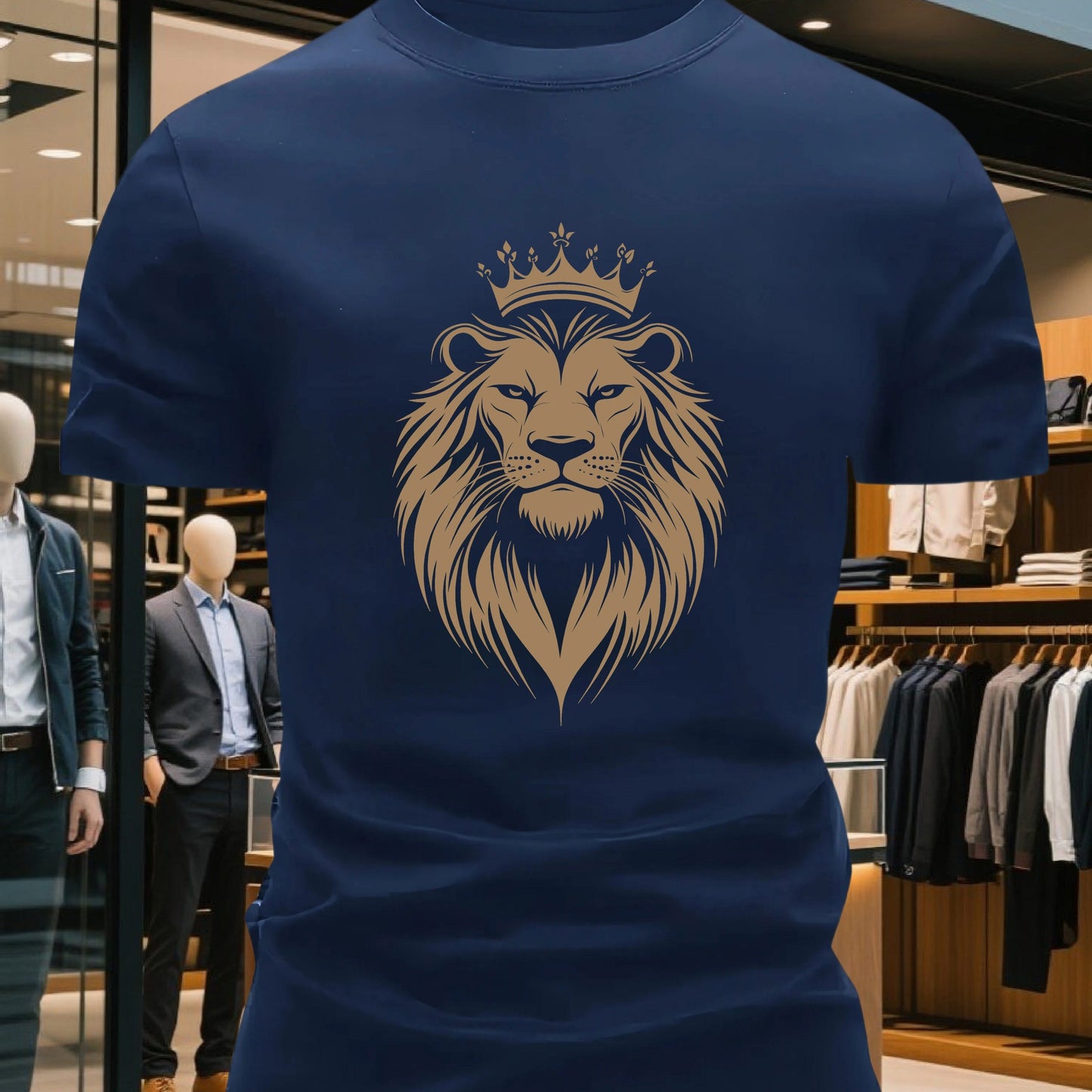 Men's 100% Cotton Crew Neck Short Sleeve T-Shirt with Regal Lion Crown Graphic Print - Navy Blue Casual Comfort Fit, Machine Washable All-Season Versatile Top, Cotton T Shirts, Leisure Clothing, Creative Print Shirt, Soft Tex