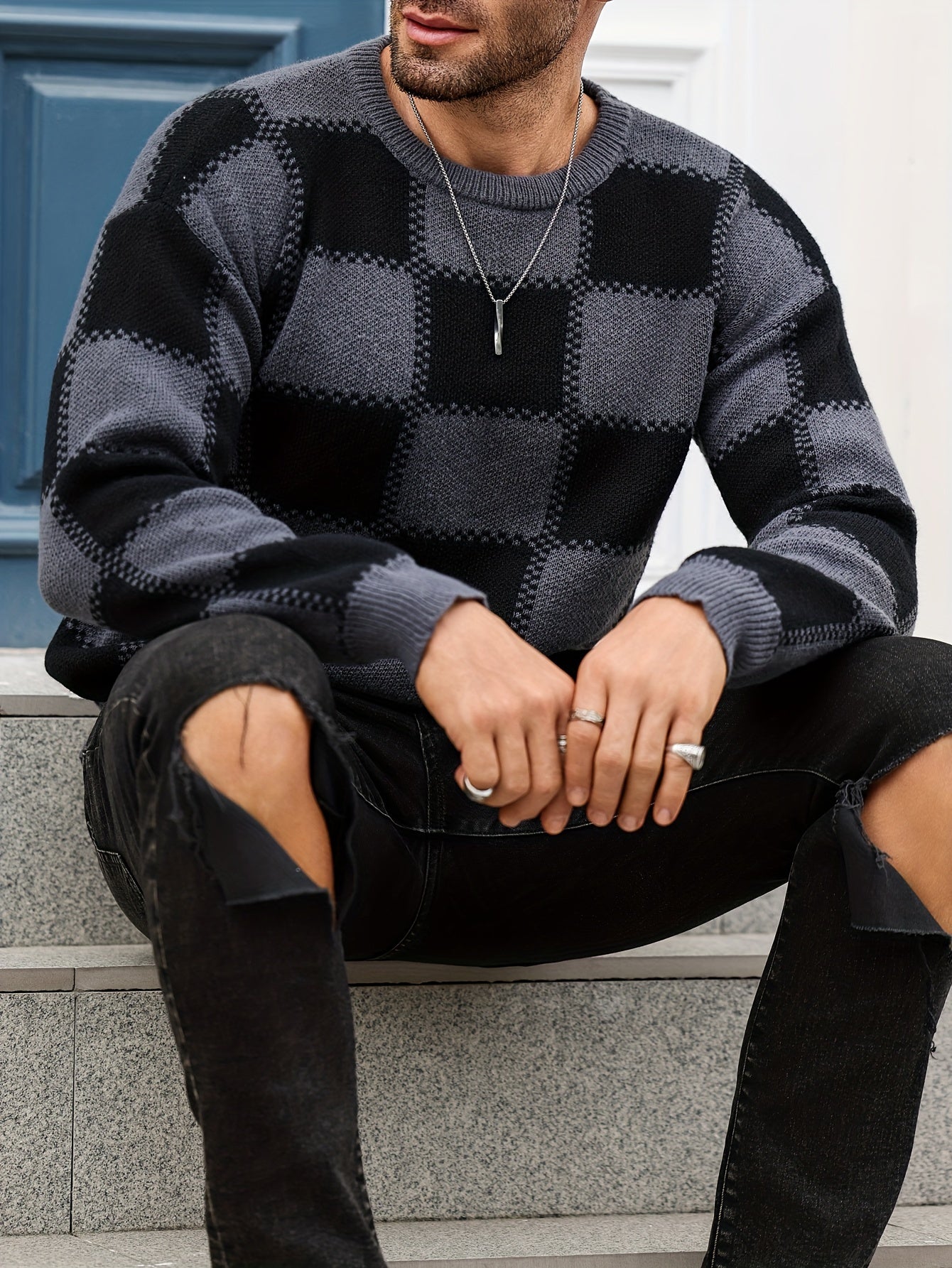 Men's Color Blocking Textured Checked Print Casual Trendy Sweater, Long Sleeve Pullover As Gift For Fall And Winter