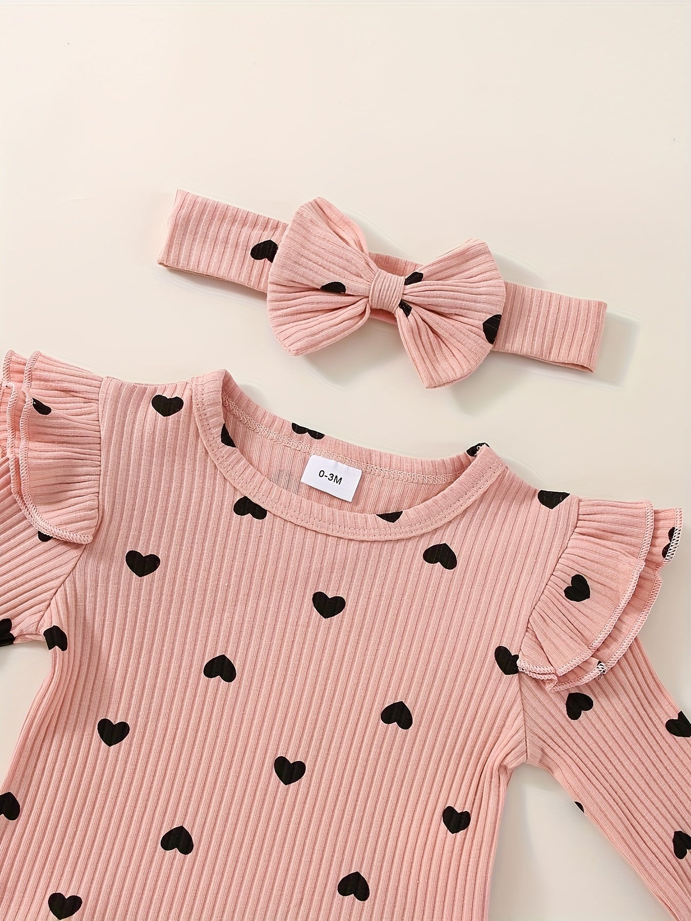 3pcs Baby Girl Outfit Set, Cute Ribbed Ruffle Long Sleeve Romper & Pants, 95% Cotton 5% Spandex, Crew Neck Pullovers, Solid Color, Regular Fit, No Belt, Fall/Winter Knit Fabric, 0-18 Months, for Outdoor
