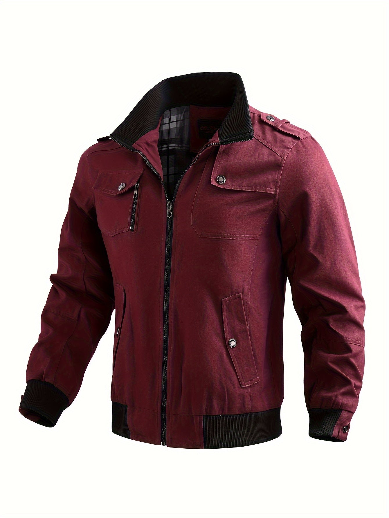 Men's Casual Bomber Jacket, Cotton Stand Collar Windbreaker Jacket With Pockets For Fall Winter