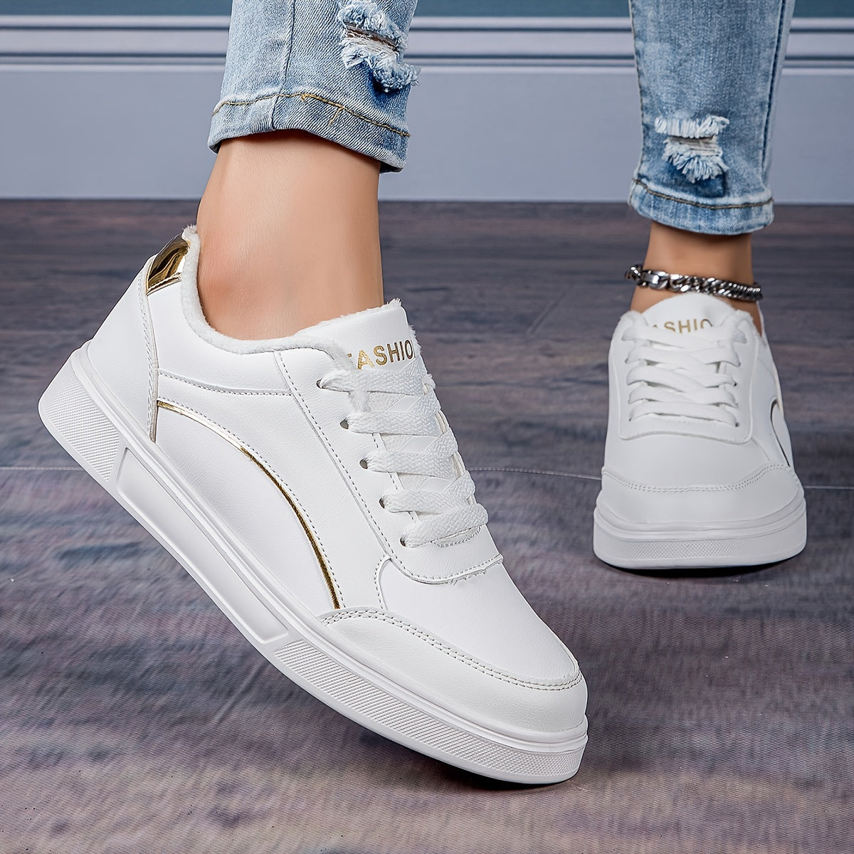 Women'S Fashion Sneakers, Low Top Lace-Up Sports Shoes, Solid Color with Glitter Embellishment, Lightweight All-Season Casual White Trainers, Durable EVA Sole, Fabric Inner & Insole, Microfiber Upper - Positioning Printing