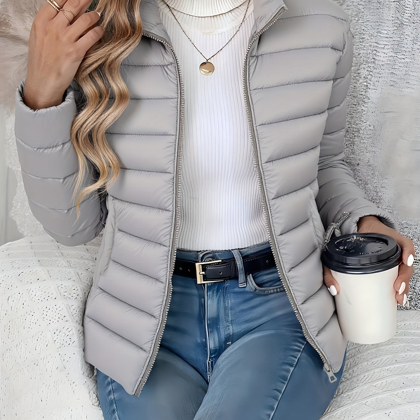 Women's Lightweight Winter Coat - Elegant Stand Collar Long Jacket, Machine Washable Cold Weather Outerwear for Fall/Winter, Formal & Everyday Use - Elegant Women's Outerwear, Casual Cold Wear, High Collar Design, Zipper Clos