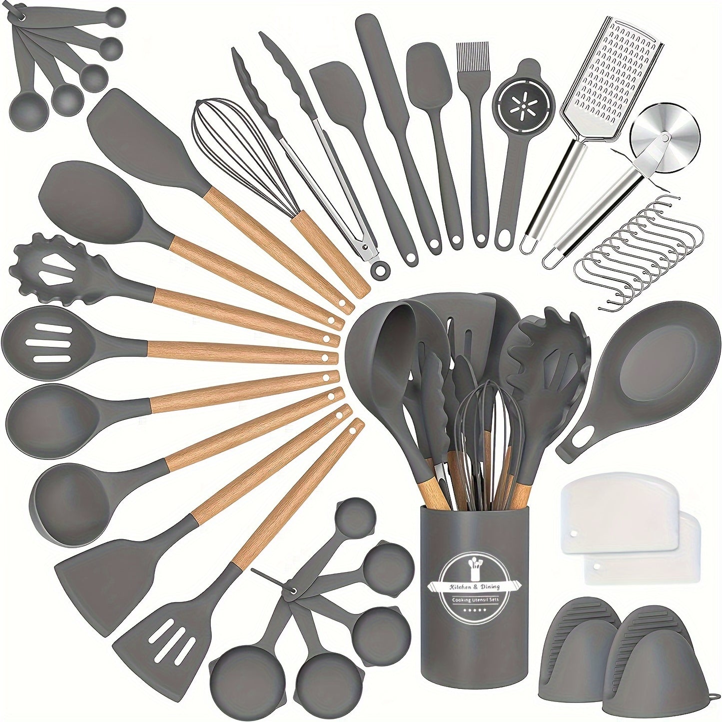 43pcs Non-Stick Cookware Storage Bucket with Wooden Handles, Silicone Kitchen Utensils, Easy-To-Clean Kitchen Tools, Spatula And Spoon Set.