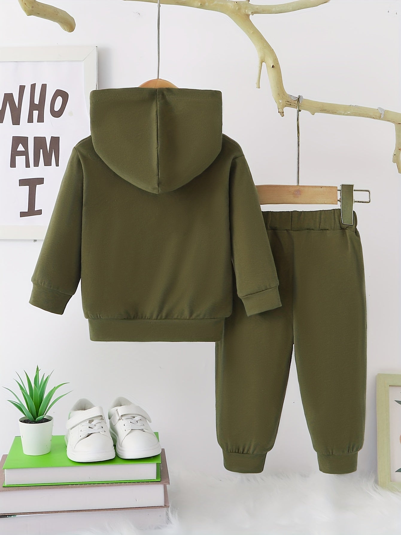 2 հատ Baby Boy's Casual Fashion Outfit Hooded KING Print երկարաթև մարզաշապիկ + շալվար բացօթյա հավաքածու
