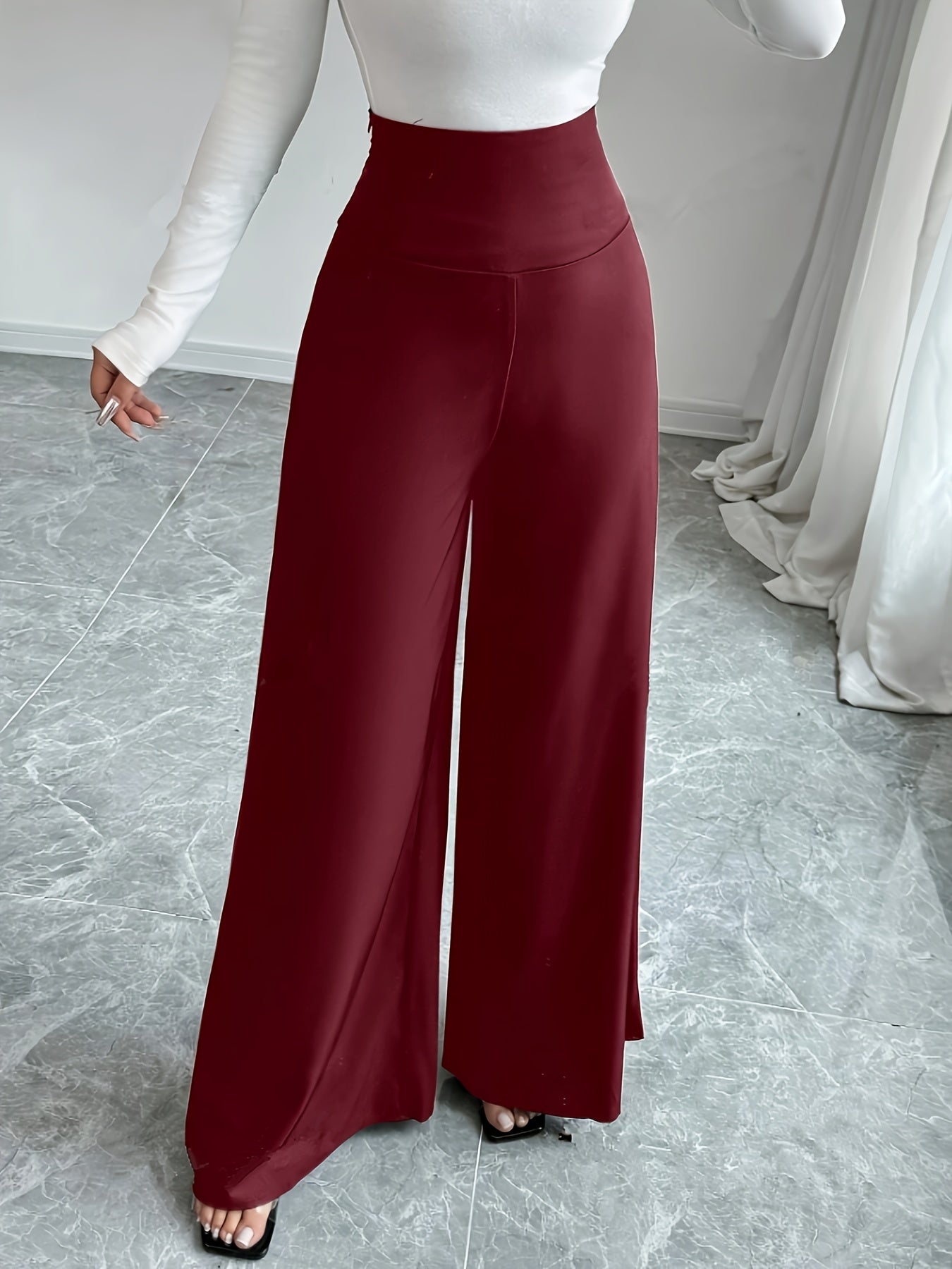 1pc Elegant High-Waisted Black Wide Leg Pants for Women, Solid Color Polyester, Regular Fit with Zipper Fly, All-Season Long Length Trousers with Zipper Detail