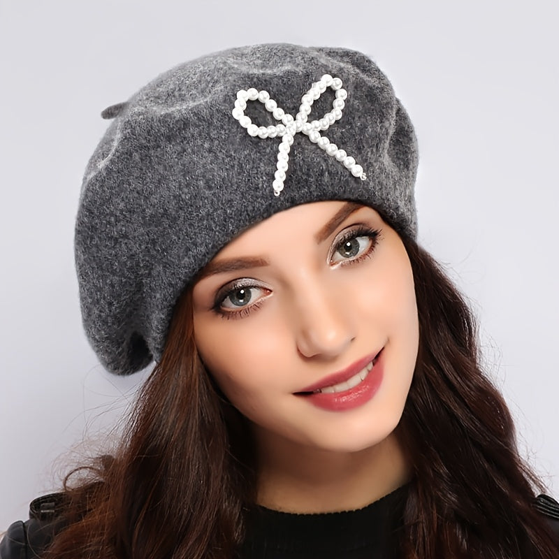 1pc Women's Wool Beret with Pearl Bow - Elegant, Breathable, and Stylish in Multiple Colors (Black, Brown, Gray, Beige, Purple, Pink) for Casual Attire