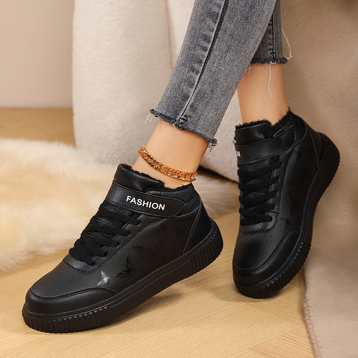 Women'S Butterfly Print Warm Sneakers - Lightweight, Comfortable, Thick-Soled Lace-Up Running Shoes for Work, School, and Stylish Outfits, Perfect for Students, Winter Footwear | Stylish Sneakers | EVA Sole Sneakers