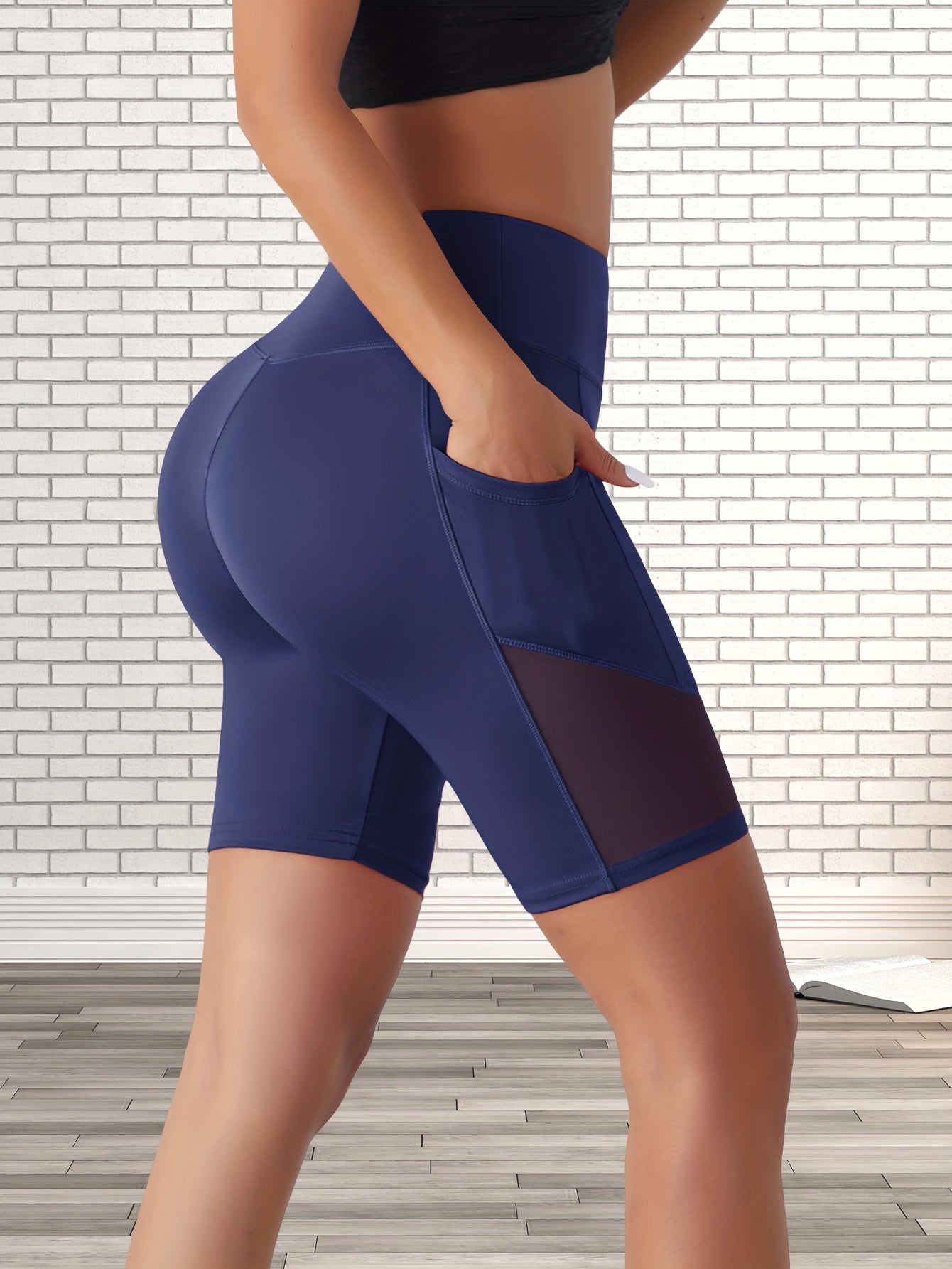 High Waist Mesh Contrast Yoga Short With Pocket, High Waist Stretch Running Biker Shorts, Women's Activewear