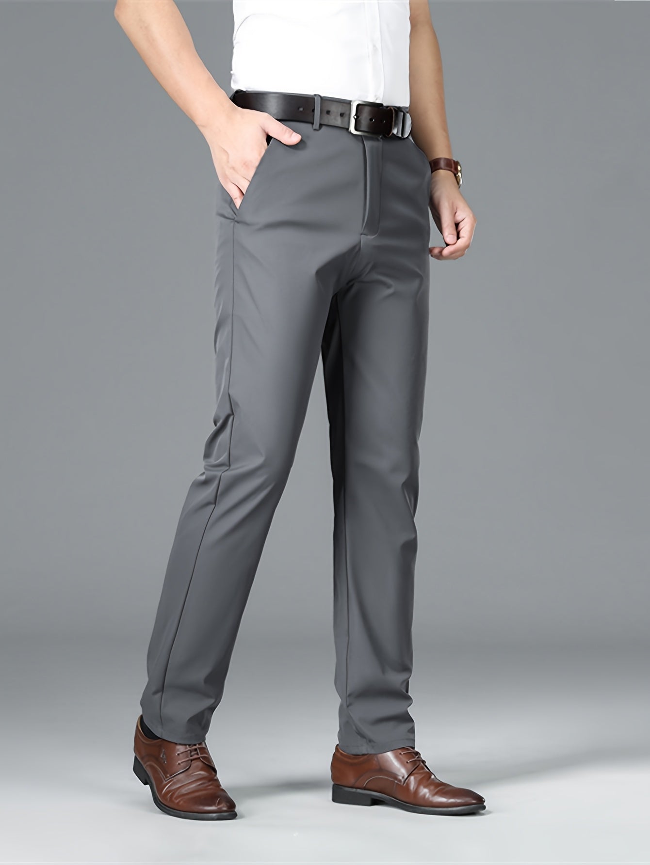 Men's Lightweight Summer Casual Pants, Slim Straight Fit, Polyester, Mid-Rise, Built-in Zipper, Regular Length - Ideal for Casual Attire