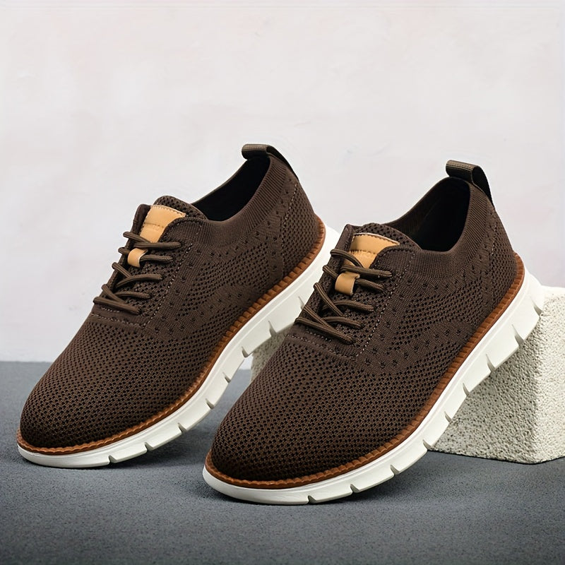 Men's Breathable Knit Business Casual Shoes - Beige with Brown Accents, Lace-Up, EVA Sole, Round Toe, Versatile for All Seasons, Dressy Shoes
