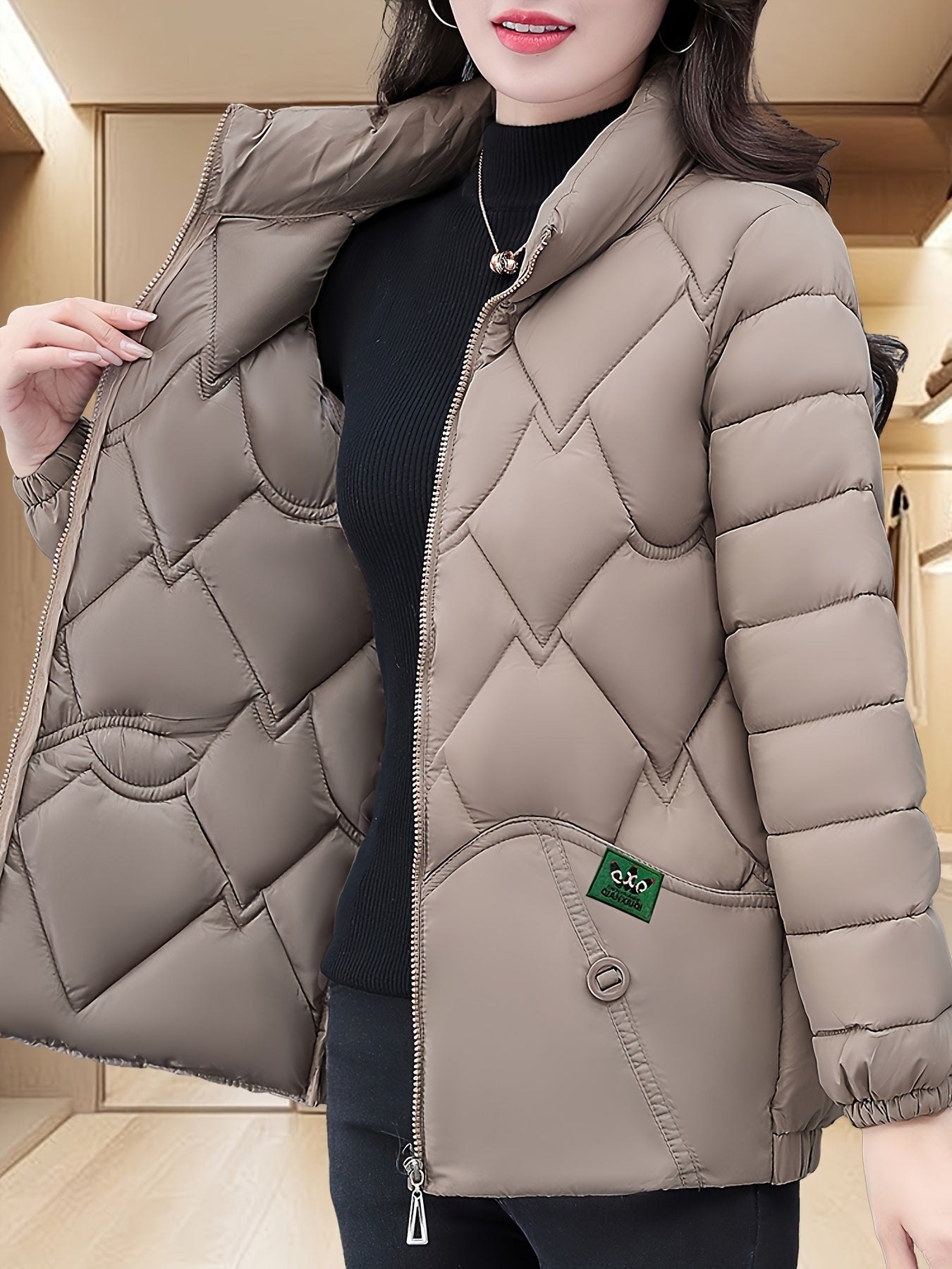 Women'S Embroidered Quilted Jacket, Casual Long Sleeve Polyester Coat, Non-Stretch H-Contoured Regular Fit, Pleated Hem, Thick Warm Winter Outerwear for Middle-Aged Moms