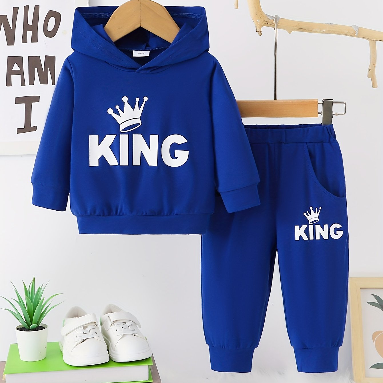 2 հատ Baby Boy's Casual Fashion Outfit Hooded KING Print երկարաթև մարզաշապիկ + շալվար բացօթյա հավաքածու