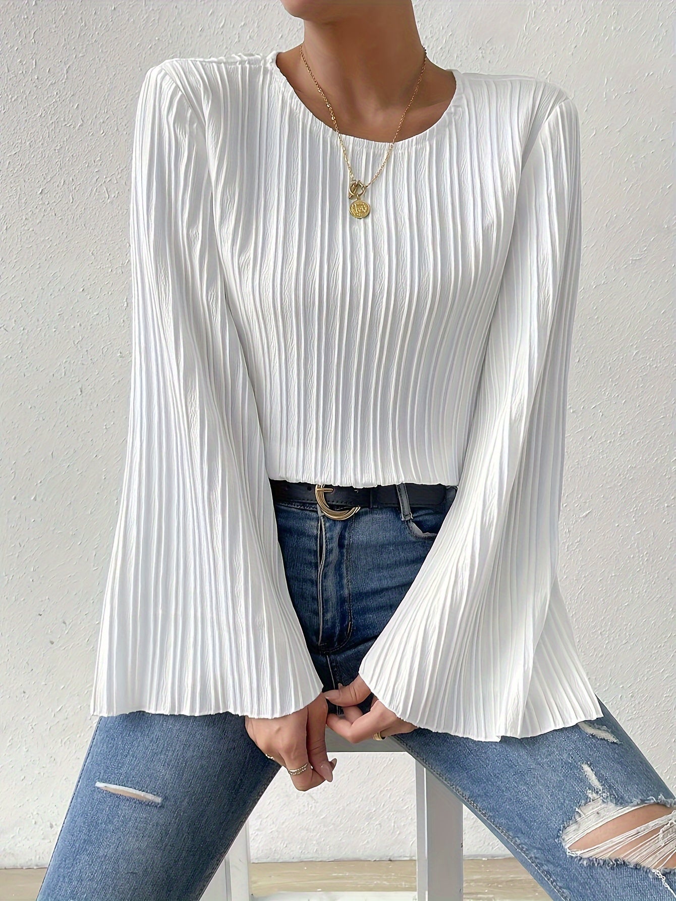 Women's Trendy Bell Sleeve Ribbed Blouse - White Crew Neck, Flared Sleeves, Casual Spring/Summer Top, Breathable Polyester Blend, Perfect for Casual Attire, Versatile Fashion | Ribbed Texture Shirt | Stretchable Fabric