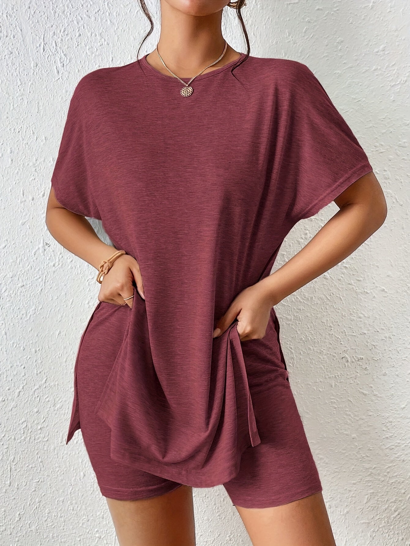 Casual Solid Color Comfortable Two-Piece Set, Bat Sleeve Round Neck Slit T-Shirt and Tight Shorts, Women's Clothing
