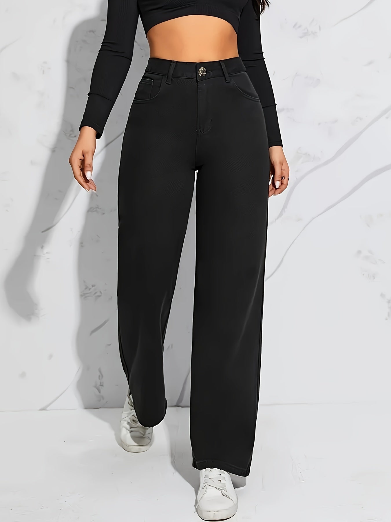 Women's High-Waisted Wide Leg Jeans, Fabric Blend, Polyester, Viscose, Classic Style, Machine Washable, No Stretch, Solid Color, Four Seasons, Zipper Closure, Casual Outwear