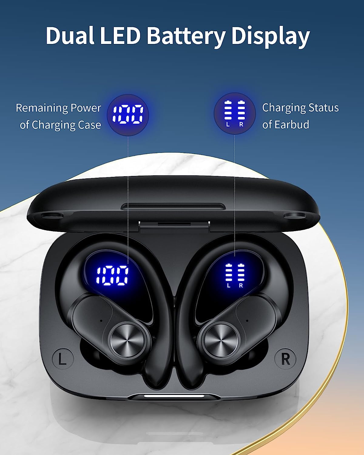 Pocbuds Bluetooth Headphones Wireless Earbuds 80Hrs Playtime Wireless Charging Case Digital Display Sports Ear Buds with Earhook Deep Bass IPX7 Waterproof Over-Ear Earphones for TV Phone Laptop Black